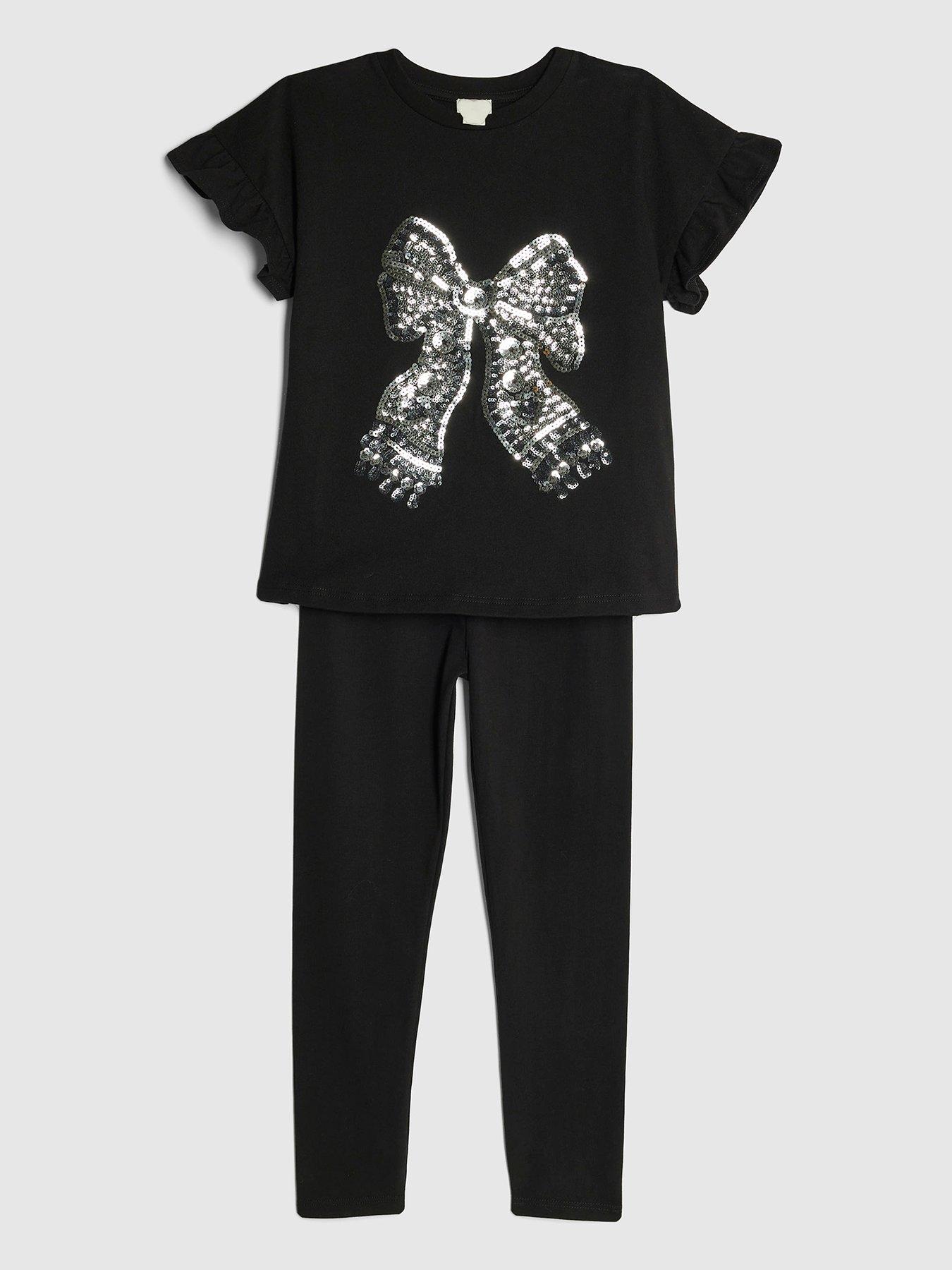 River Island Older Girls Sequin Bow Top Legging Set Black Very