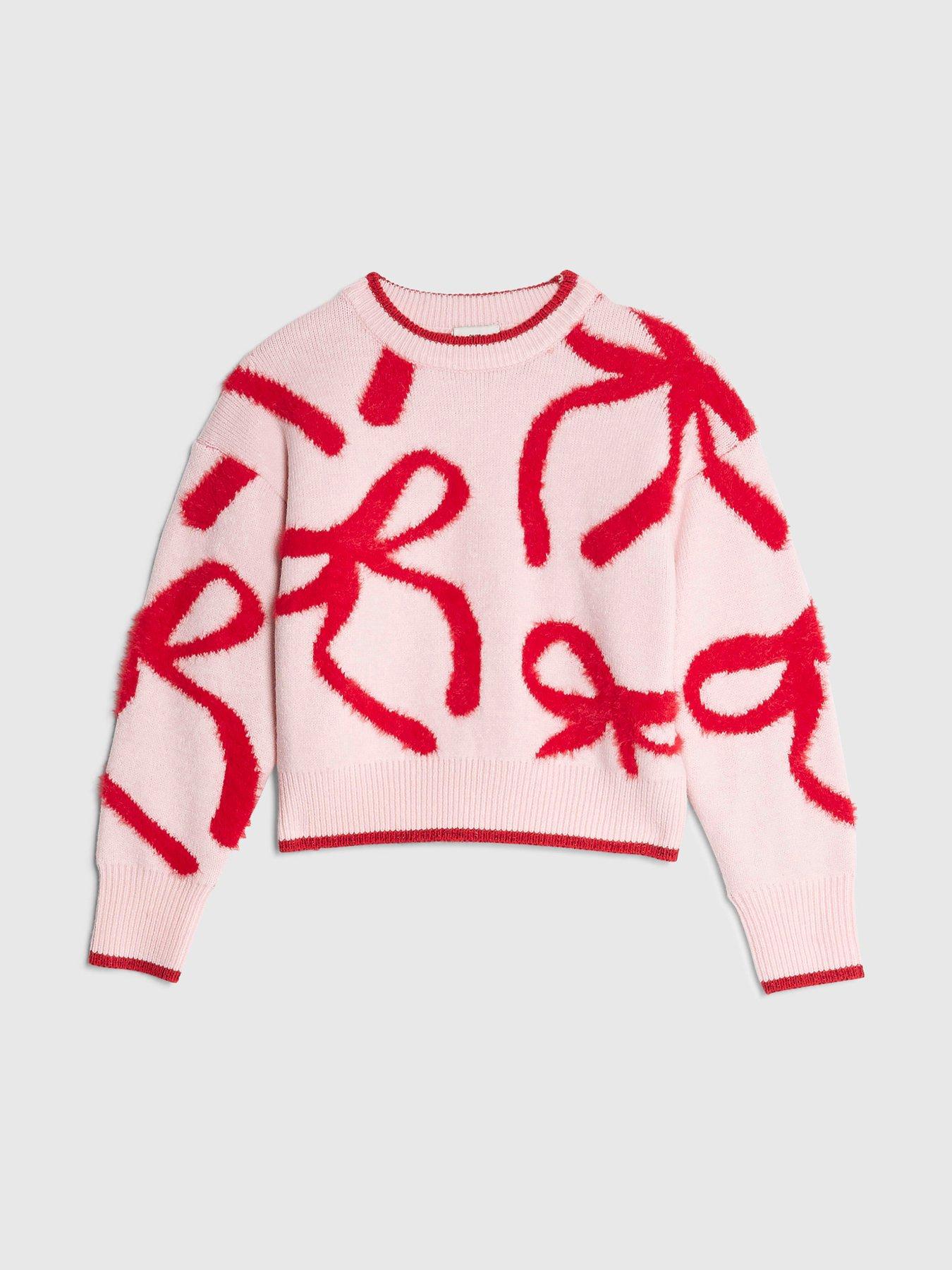 Image 1 of 5 of River Island Older Girls Fluffy Bow Jumper - Pink