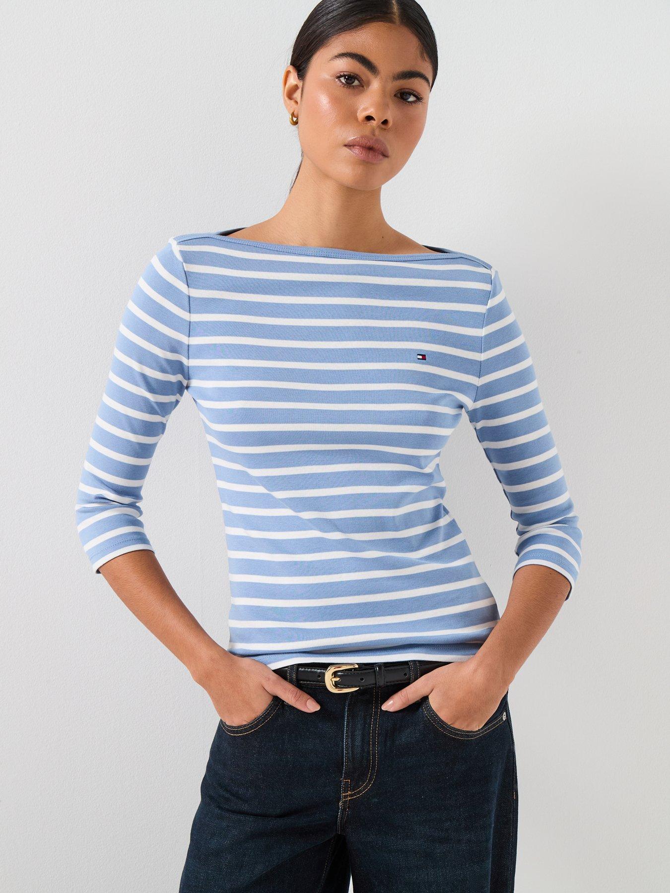 Tommy Hilfiger Slim Boat Neck T-Shirt - Clear Water/ Ecru Stp - Multi