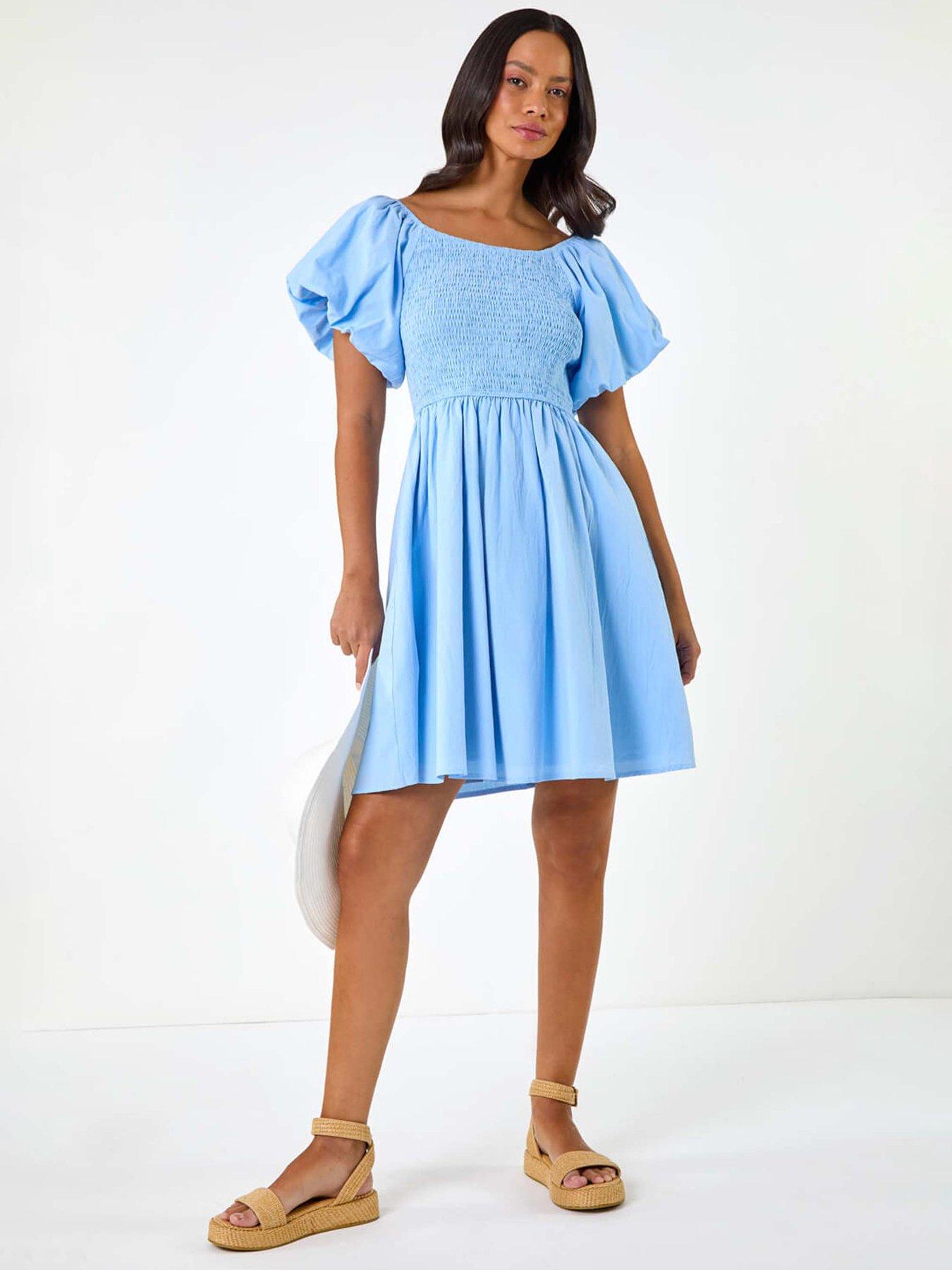 undefined Dusk Puff Sleeve Shirred Dress - Light Blue