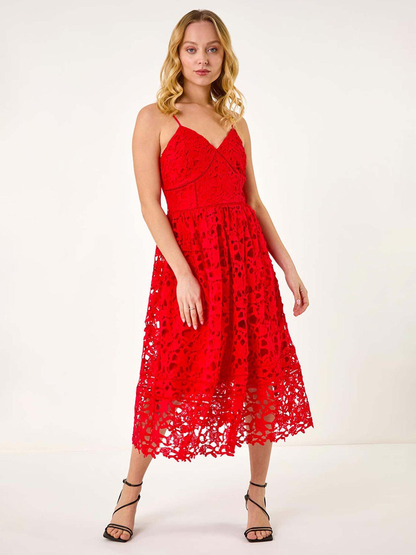 Roman Dusk Crochet V-neck Cami Midi Dress - Red