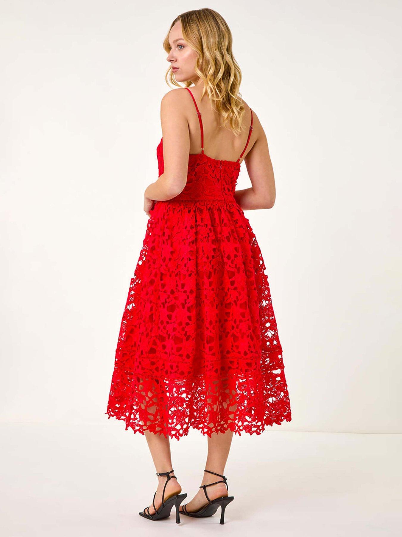white christmas dresses Fashion Strap White Lace Crochet V-Neck Ruffle Cut-Out Open Back Mermaid Midi Dress M / White