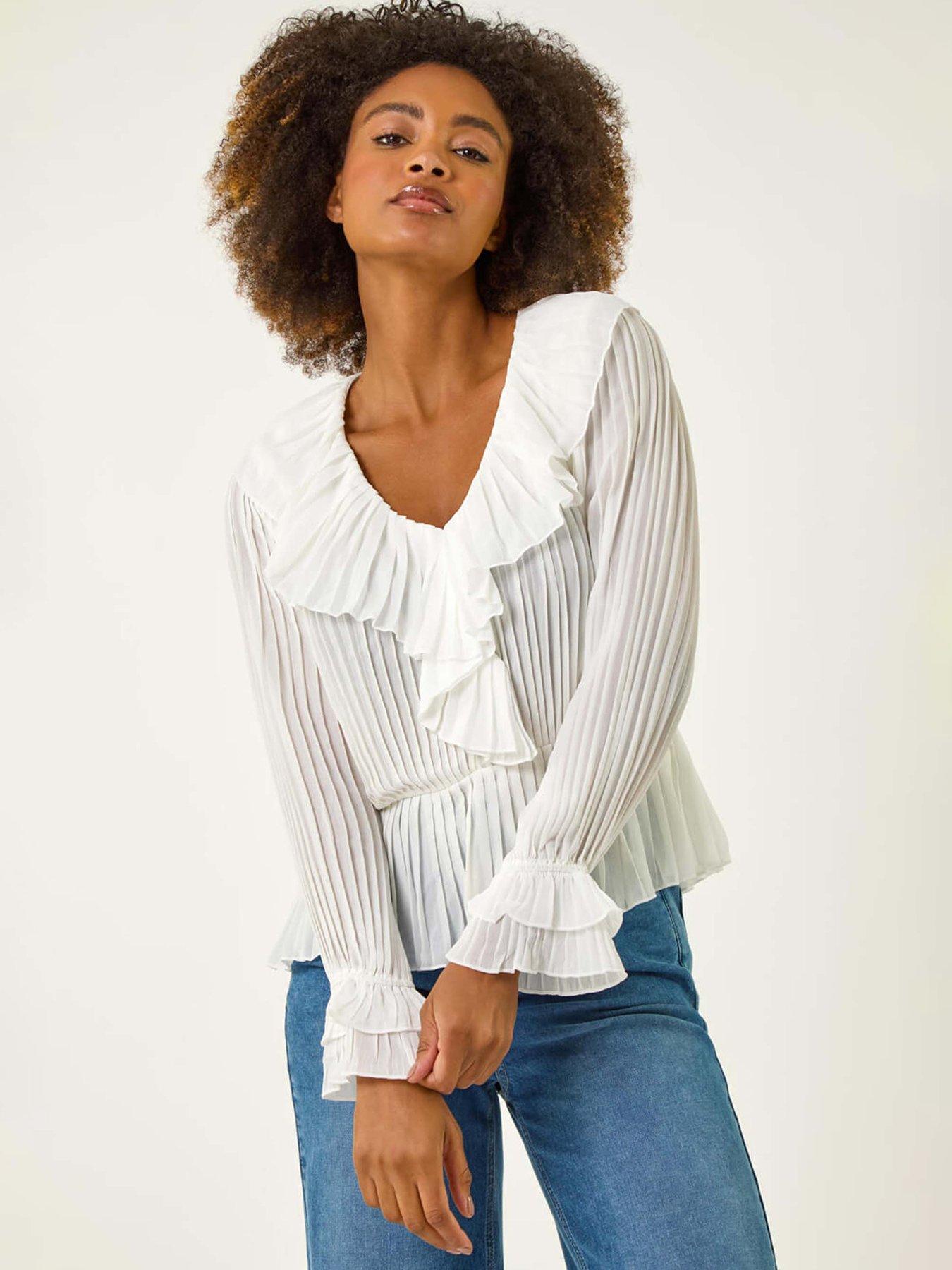 undefined Frill Pleated Peplum Blouse - Ivory