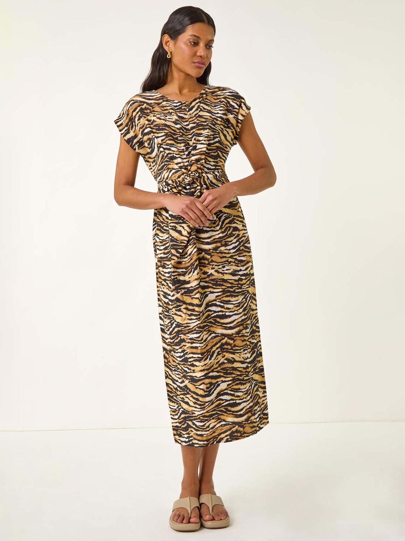 undefined Animal Print Twist Midi Dress - Tan