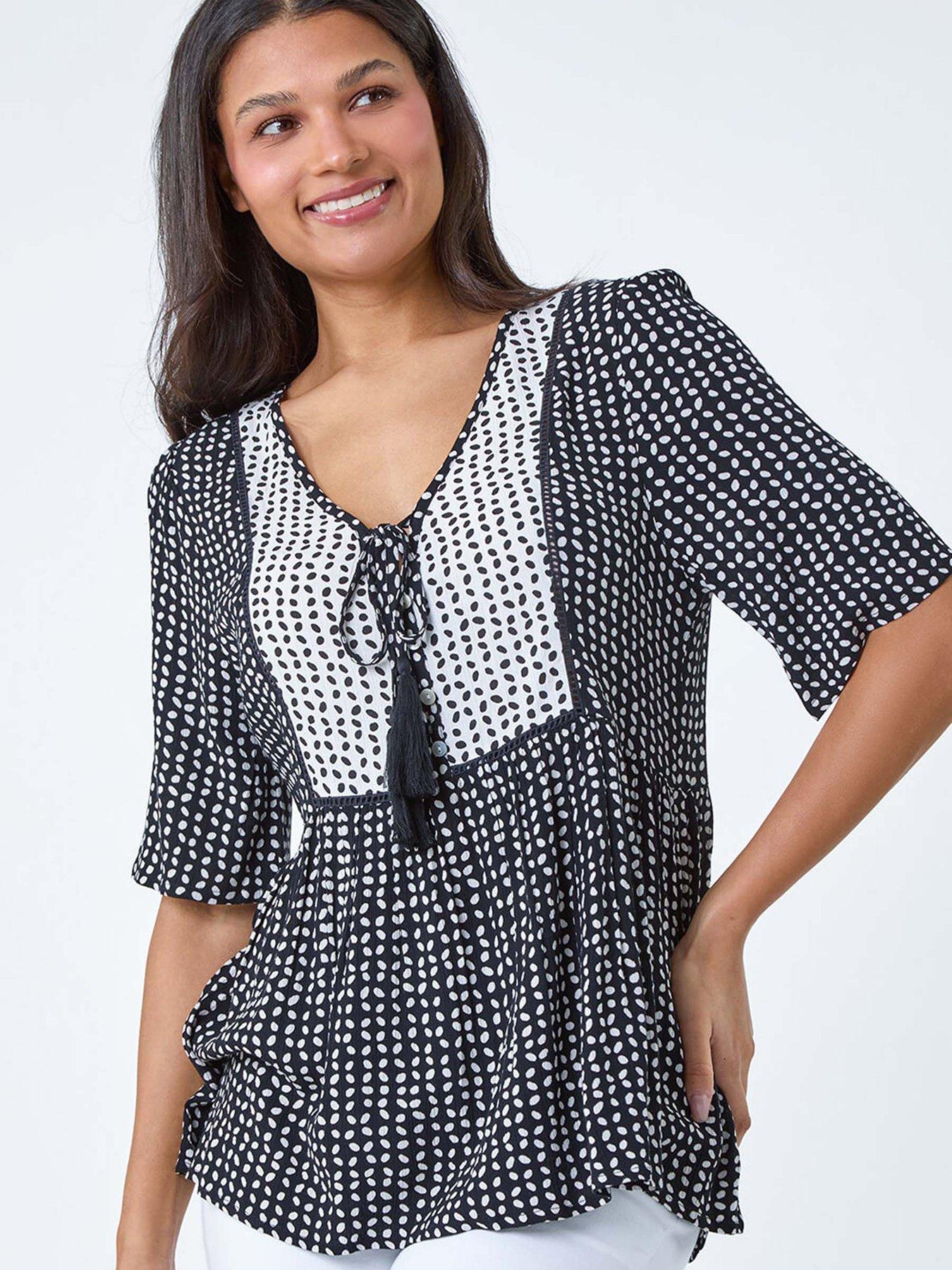 undefined Geometric Print Tassel Tie Smock Top - Black