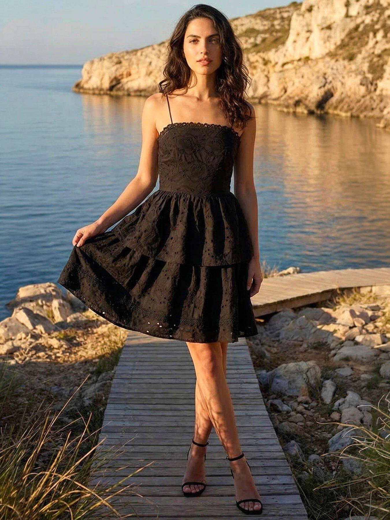 Roman Dusk Tiered Broderie Dress - Black