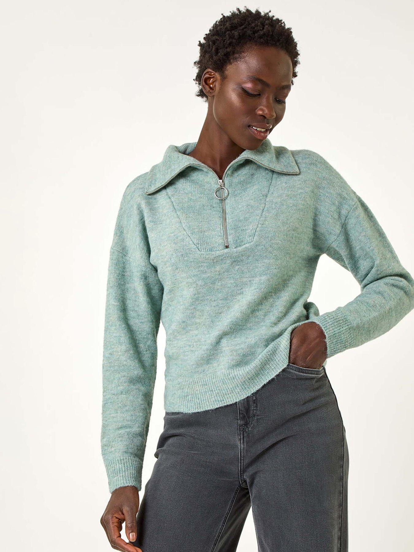 undefined Collar Zip Neck Knit Jumper - Steel Blue