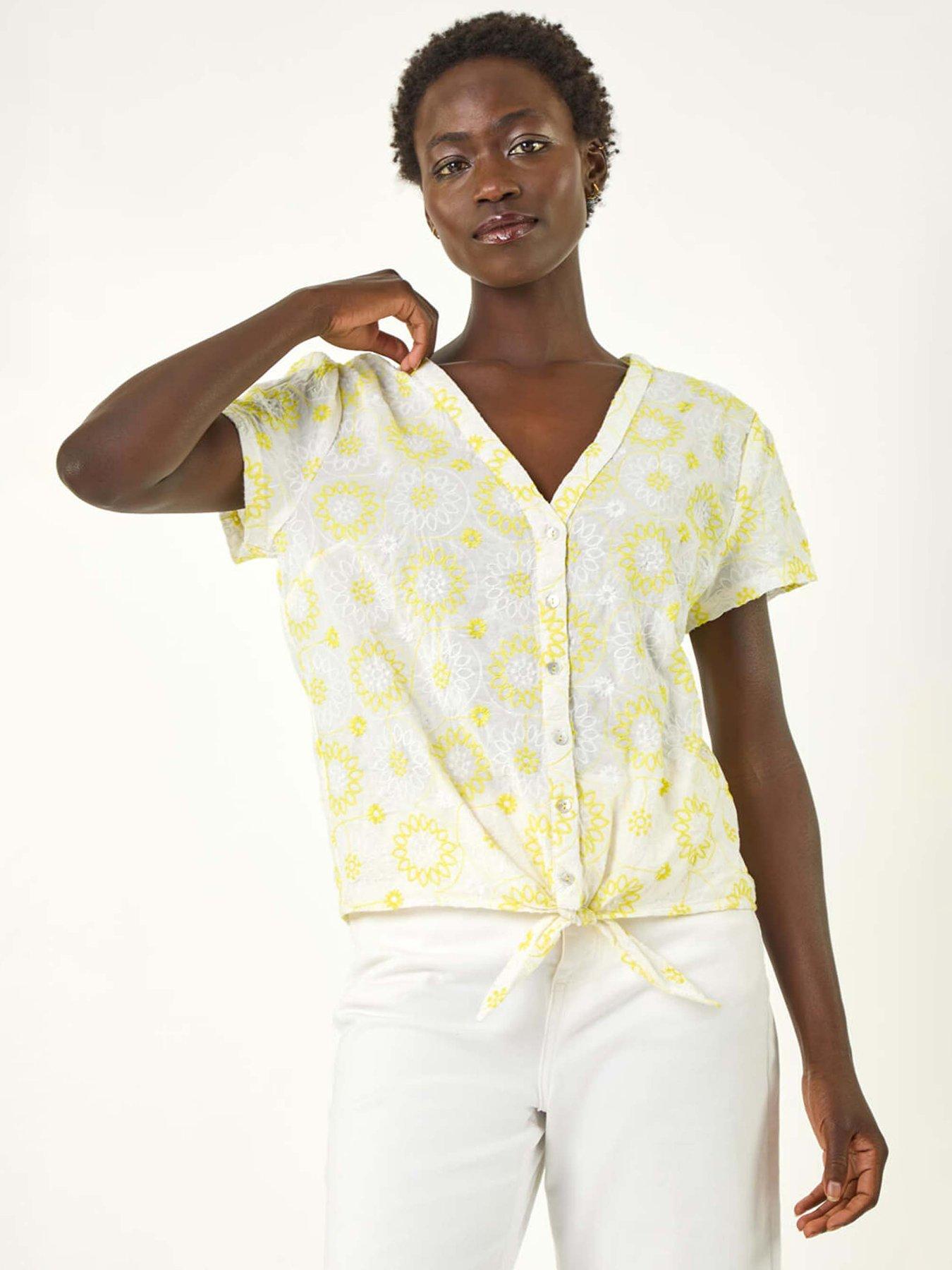 undefined Cotton Broidery Tie Front Blouse - Yellow