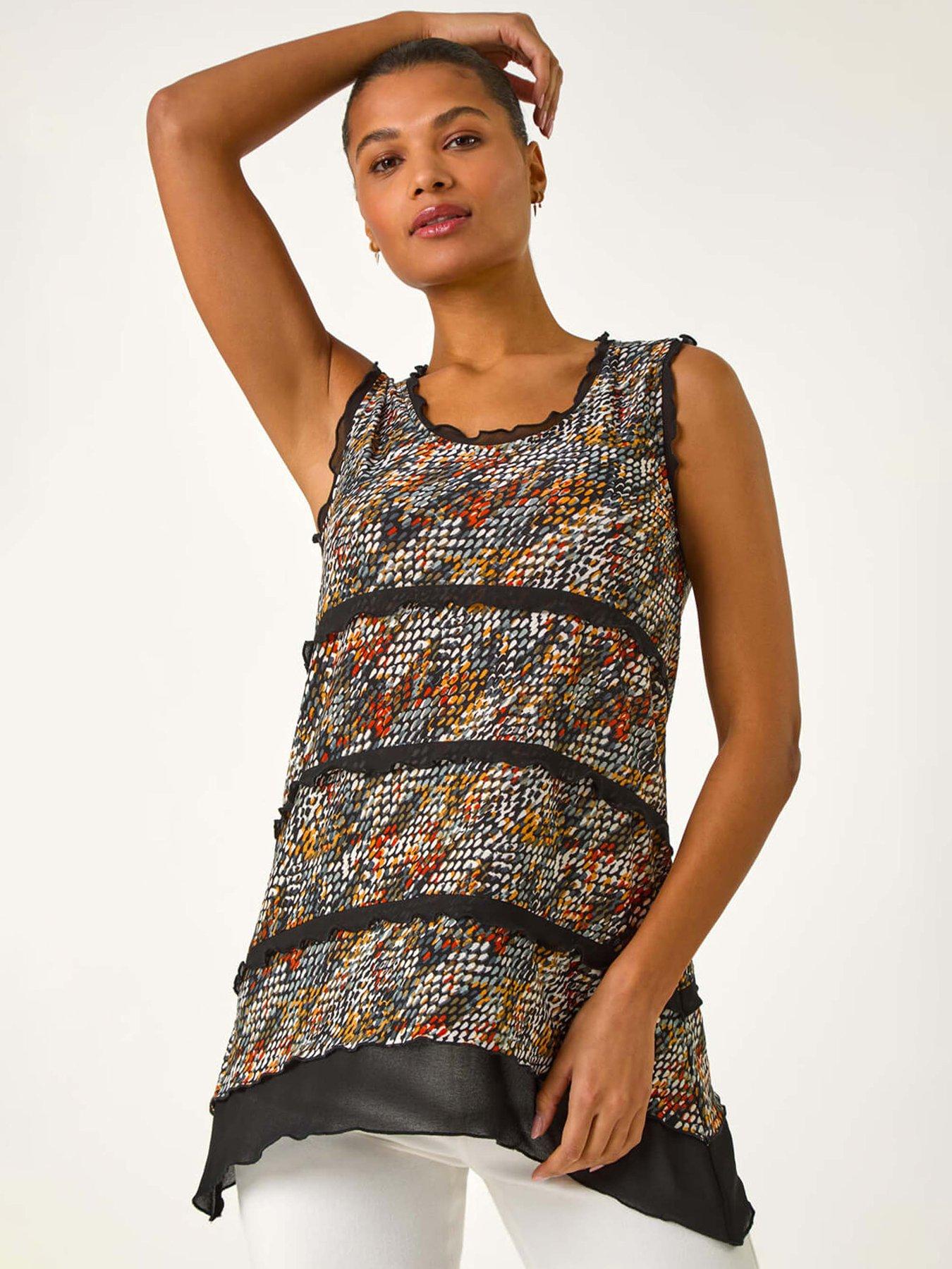 undefined Abstract Print Chiffon Trim Top - Black