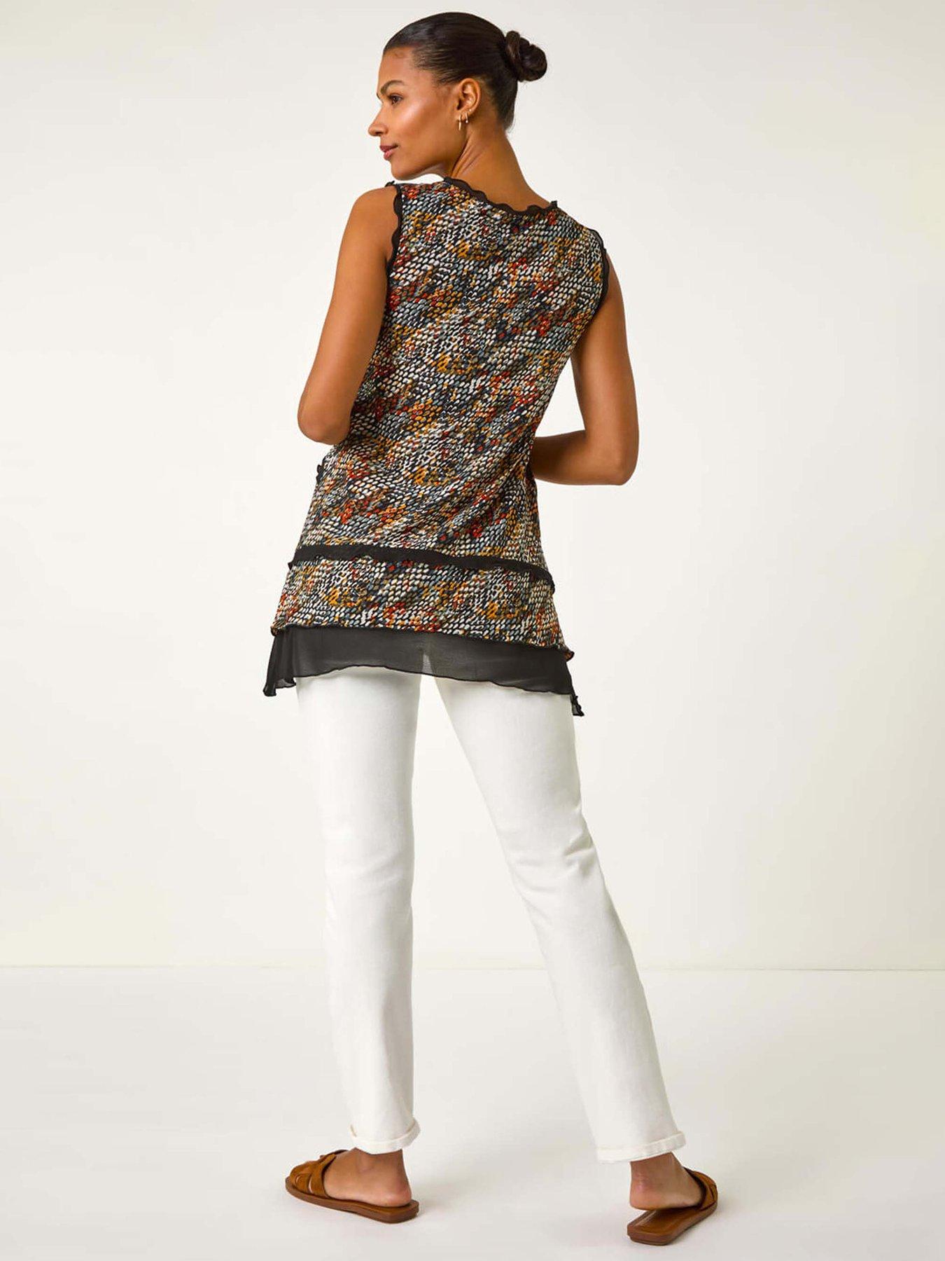 Image 2 of 5 of Roman Abstract Print Chiffon Trim Top - Black