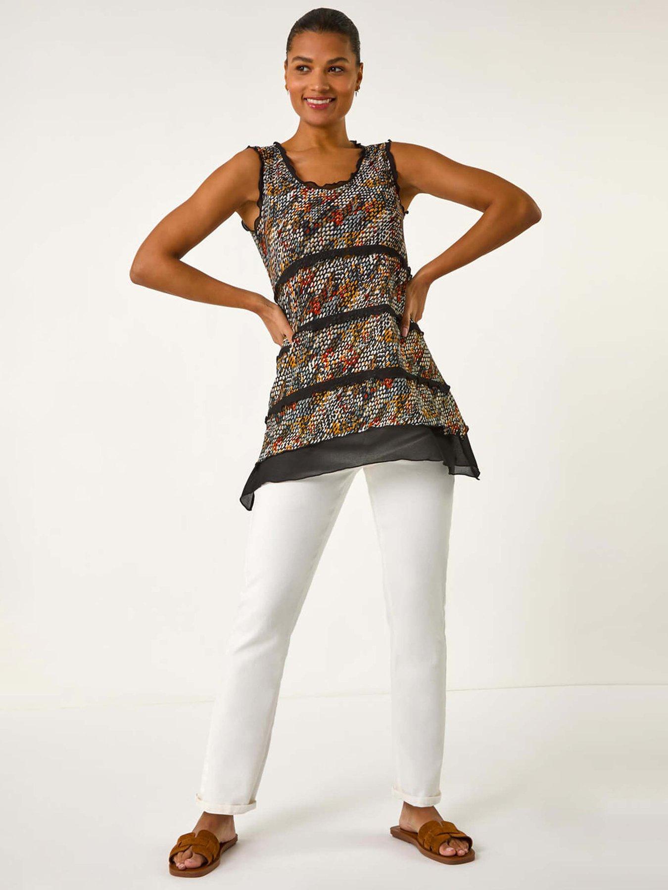 Image 3 of 5 of Roman Abstract Print Chiffon Trim Top - Black