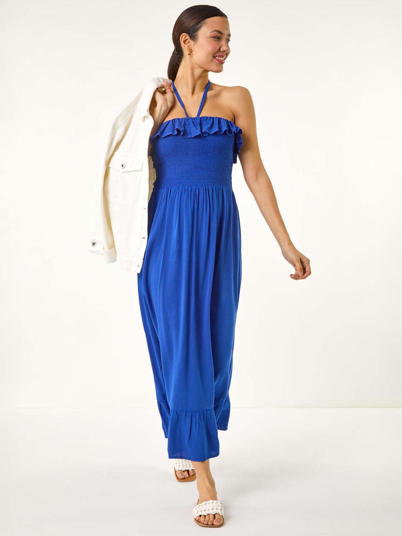 undefined Frill Shirred Bandeau Midi Dress - Blue