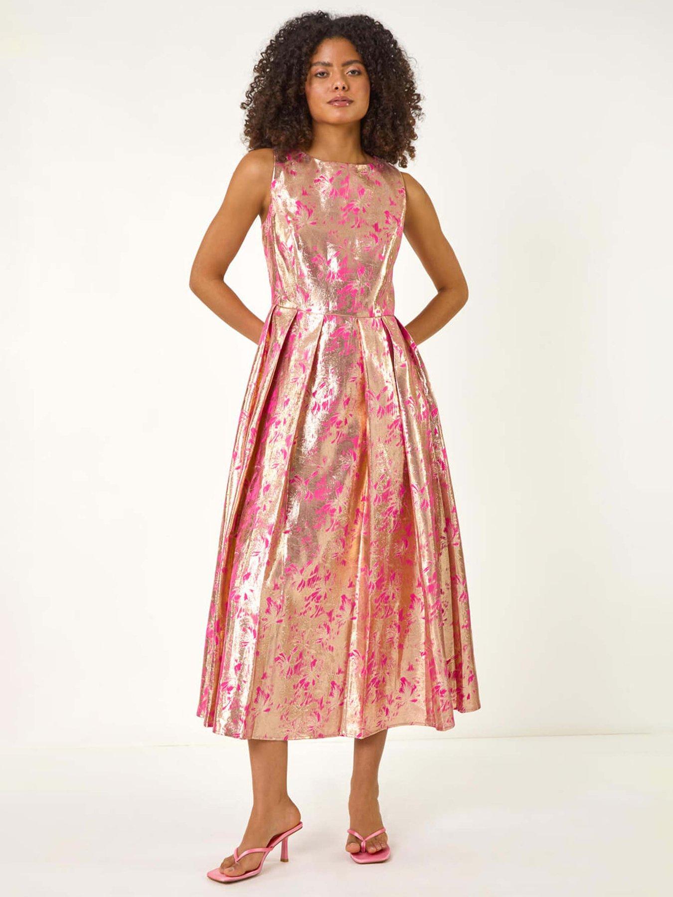 Roman Dusk Metallic Jacquard Midi Dress - Pink | Very