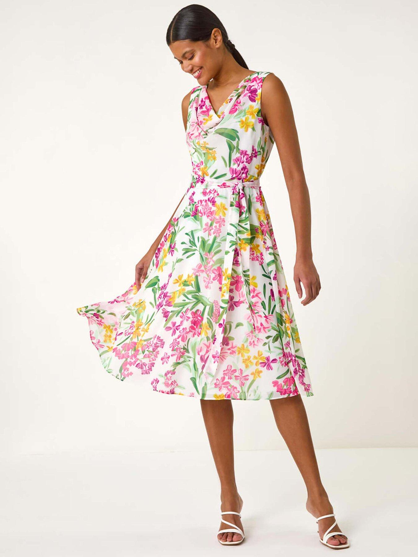 undefined Floral Print Cowl Neck Dress - White