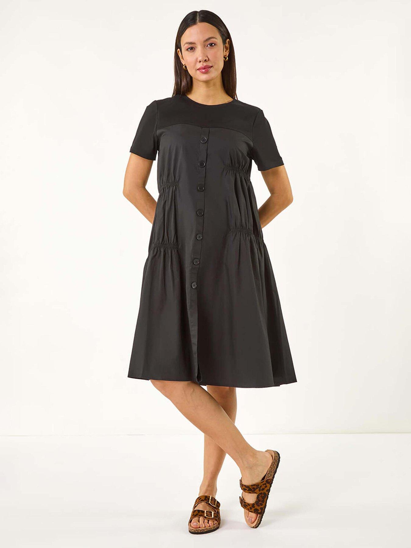 undefined Gathered Mix Smock Dress - Black