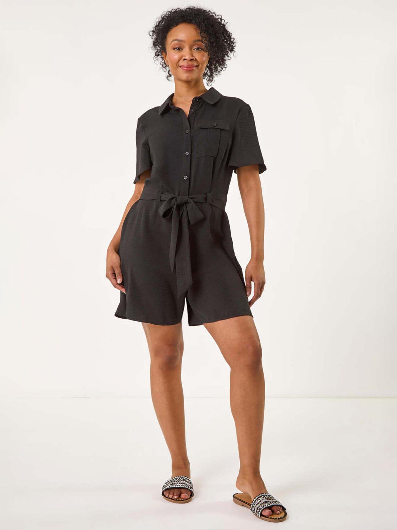 undefined Petite Button Front Tie Playsuit - Black