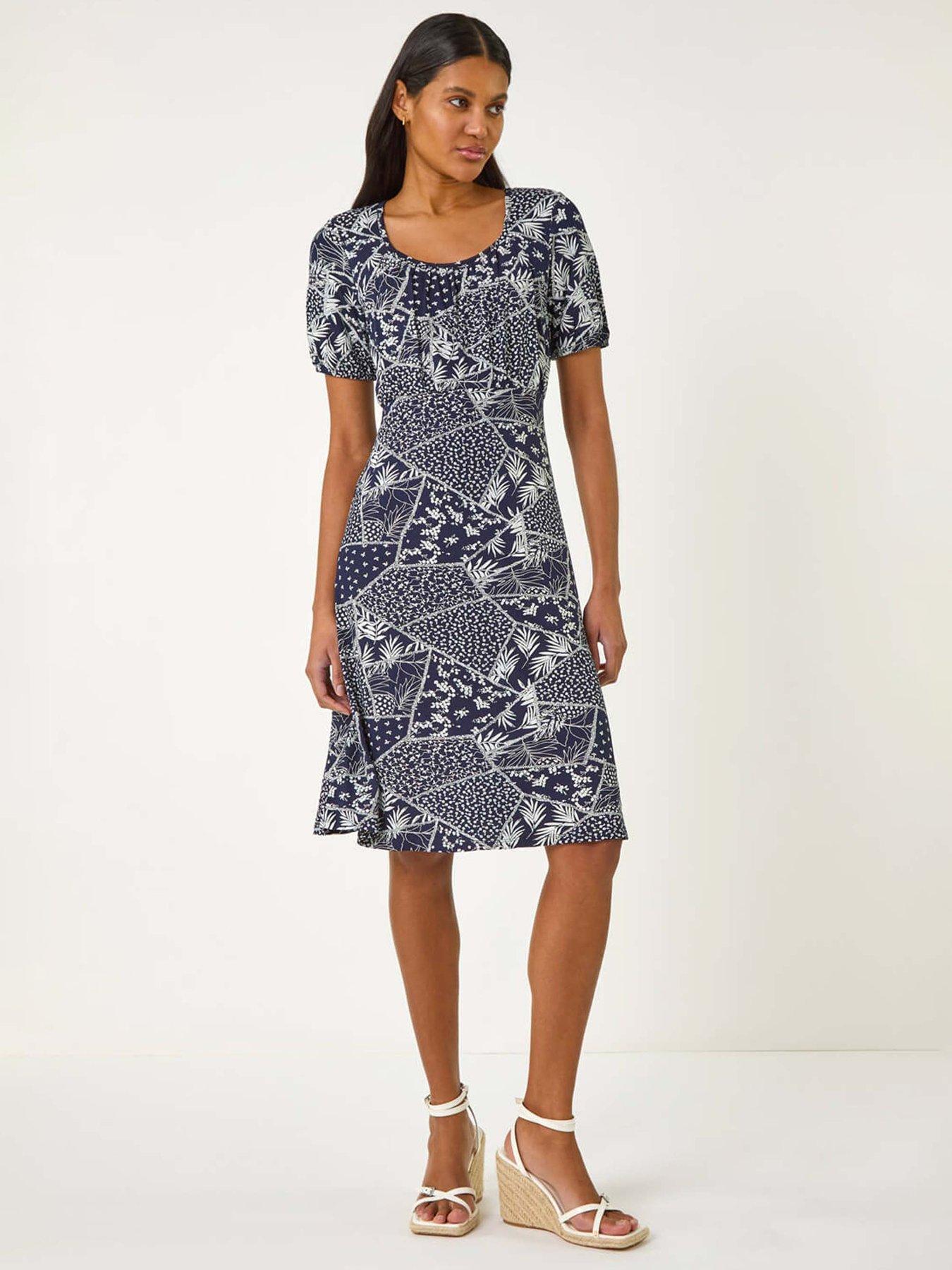 undefined Patch Print Gathered Stretch Dress - Navy