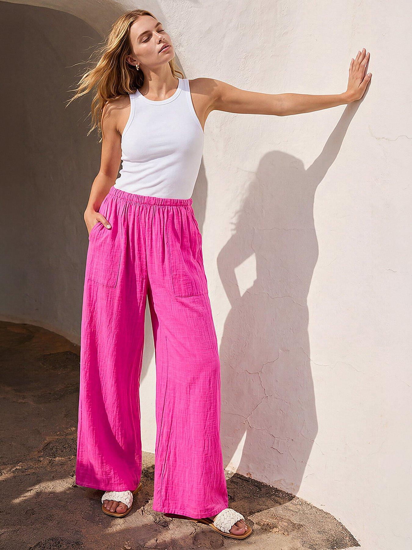 Roman Cotton Elasticated Waist Wide Leg Trouser - Fuchsia