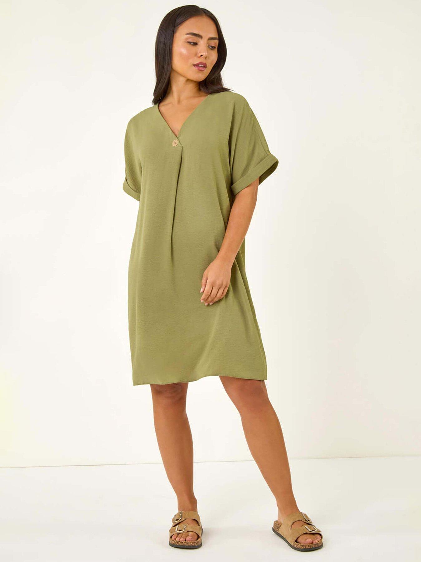 undefined Petite One Button V-neck Dress - Khaki