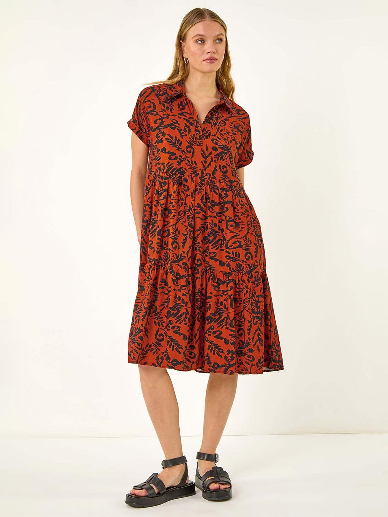 undefined Leaf Print Collared Smock Dress - Rust