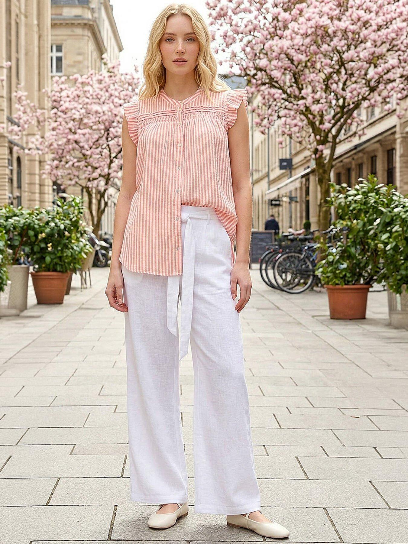 Roman Stripe Print Frill Blouse - Light Pink