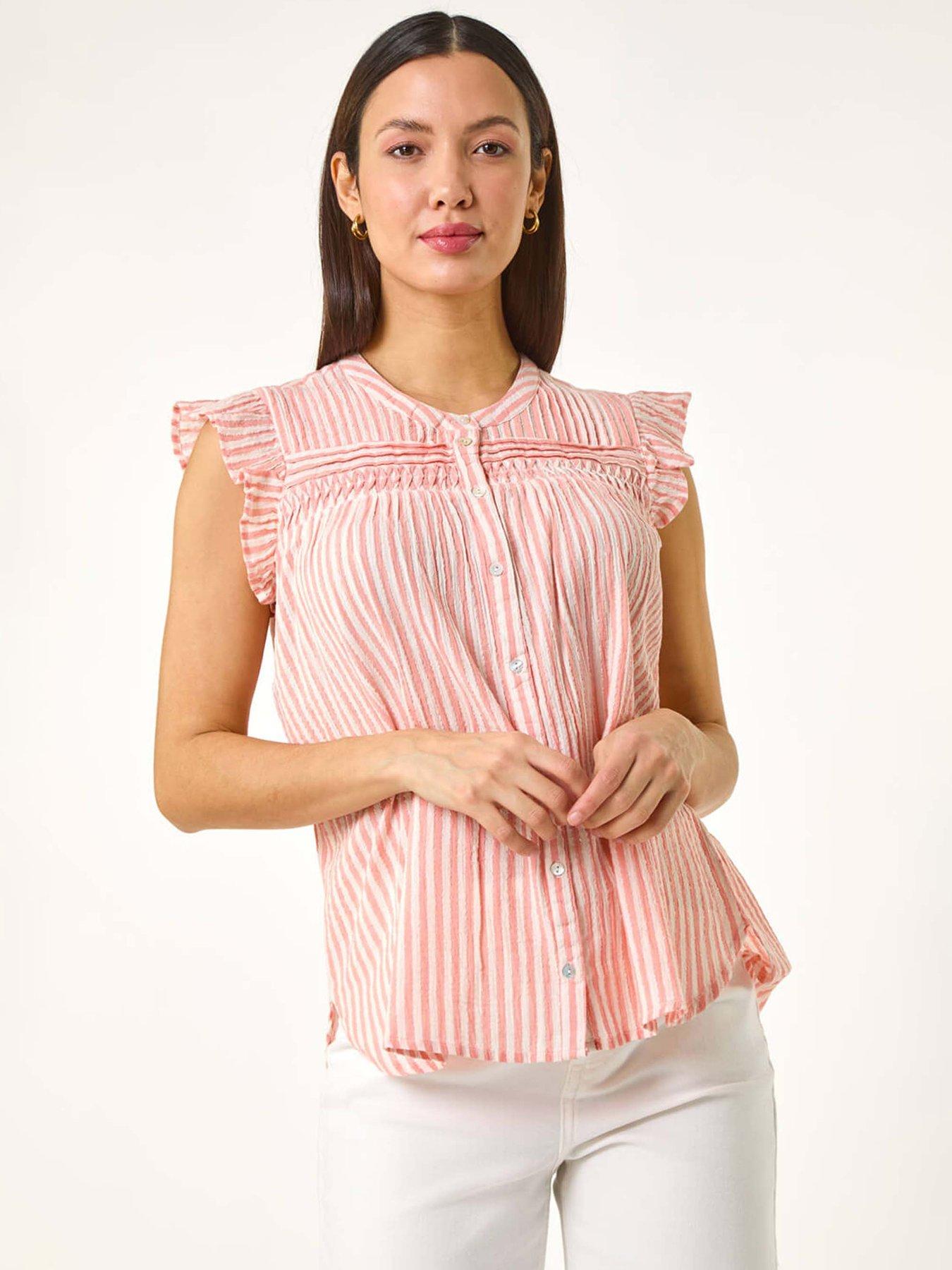 undefined Stripe Print Frill Blouse - Light Pink