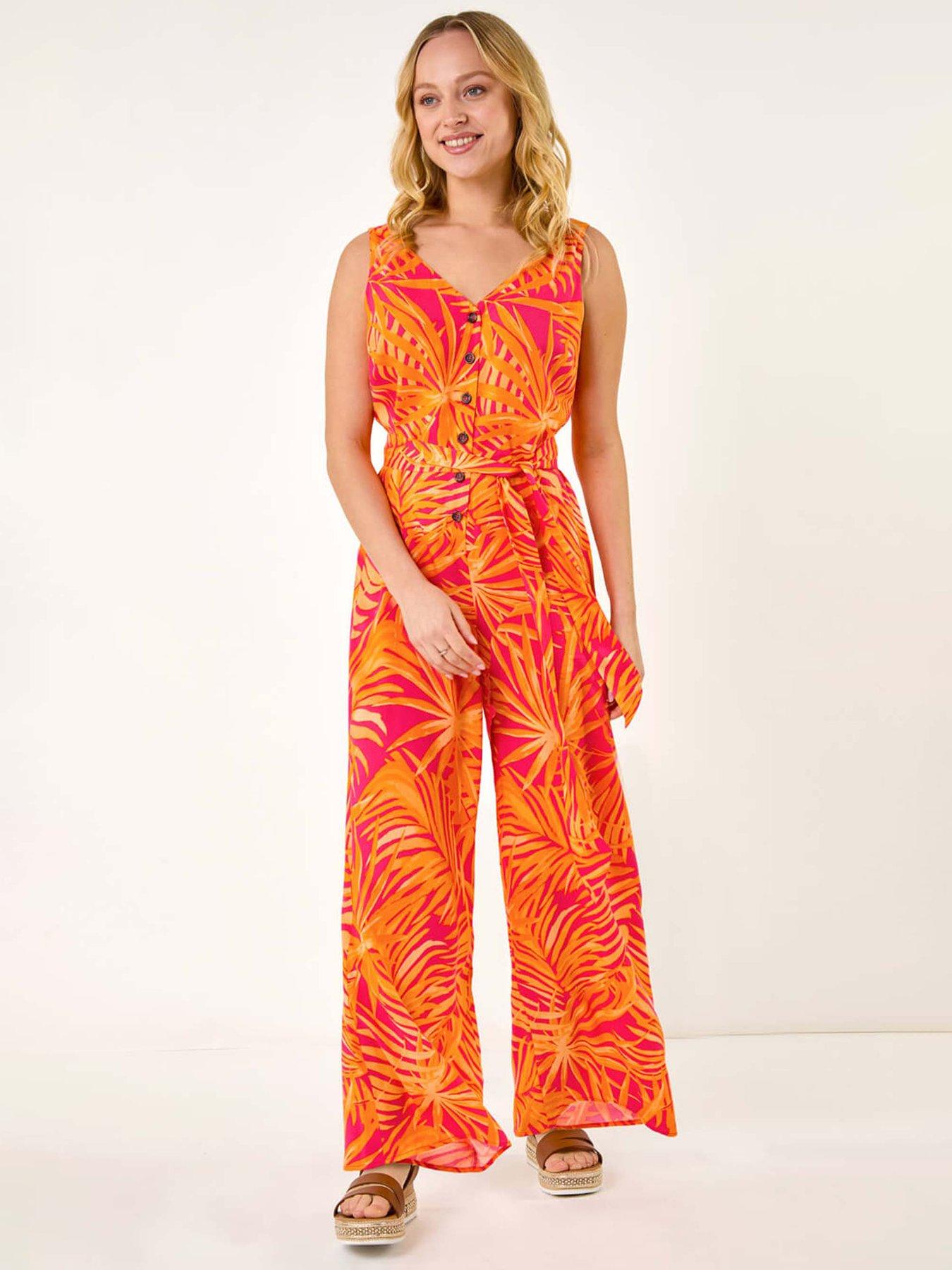 undefined Dusk Palm Print Belted Jumpsuit - Orange