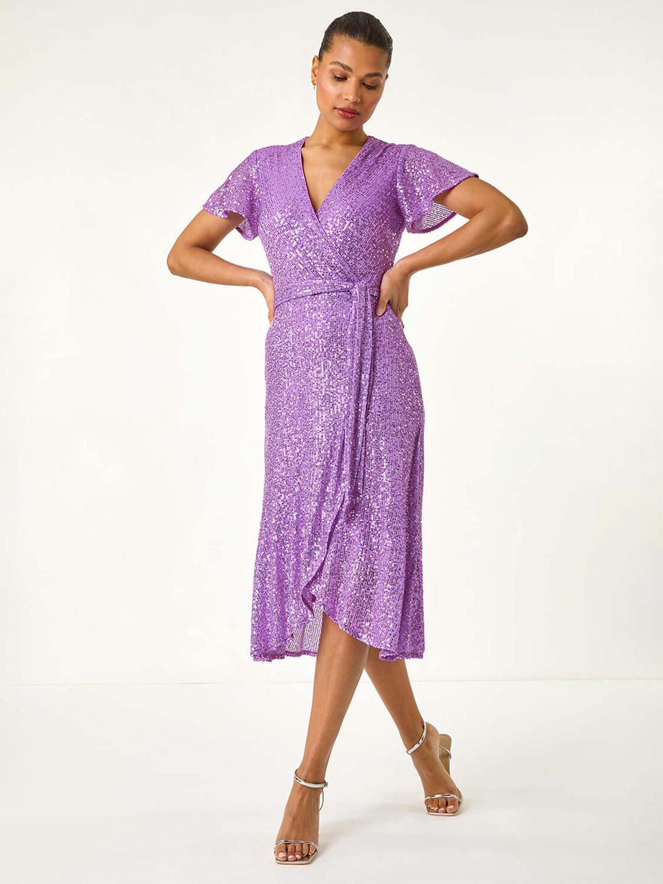 undefined Sequin Wrap Front Midi Dress - Purple