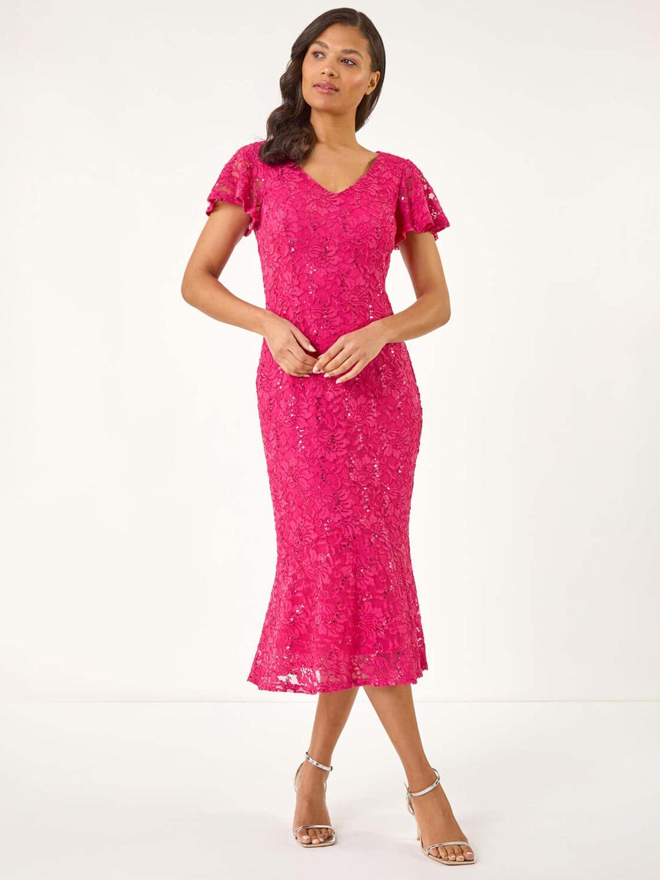 undefined Sequin Lace Ruffle Stretch Midi Dress - Fuchsia