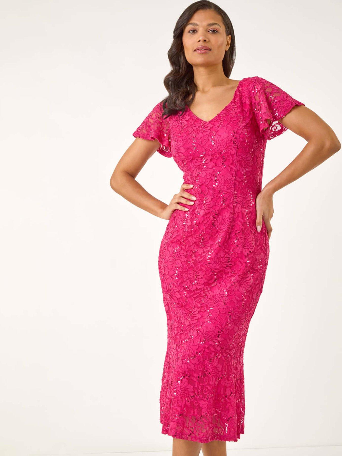 Roman Sequin Lace Ruffle Stretch Midi Dress - Fuchsia | Very