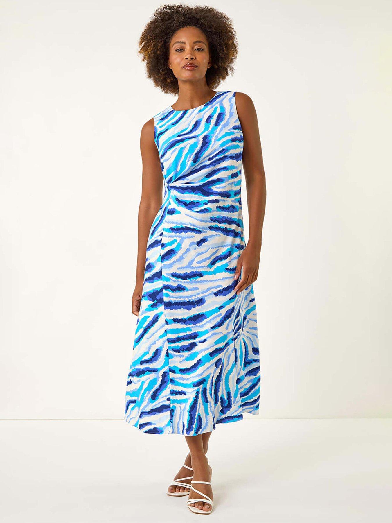 undefined Abstract Side Pleat Midi Dress - Blue
