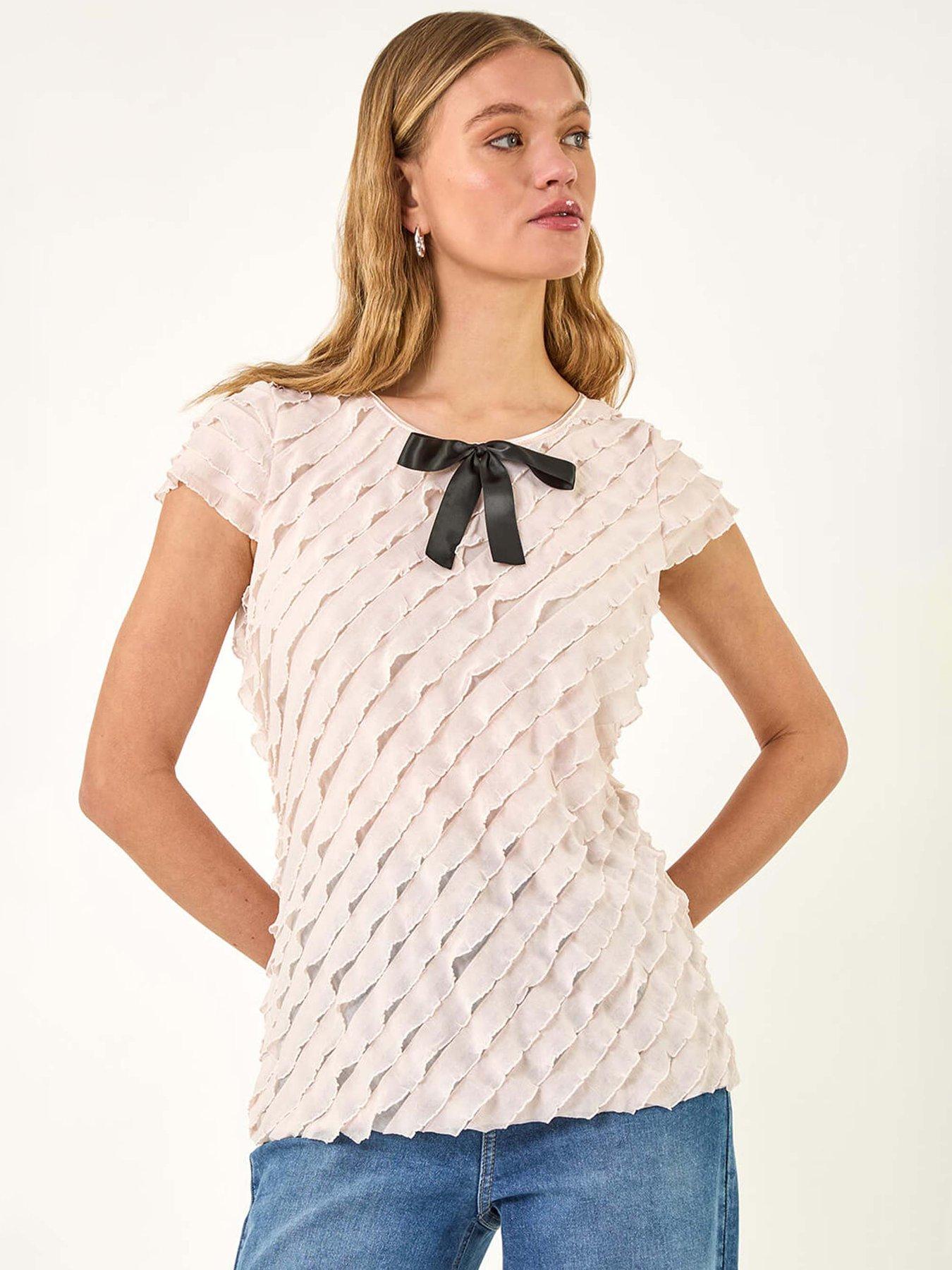 undefined Bow Front Frill Detail Tee - Light Pink