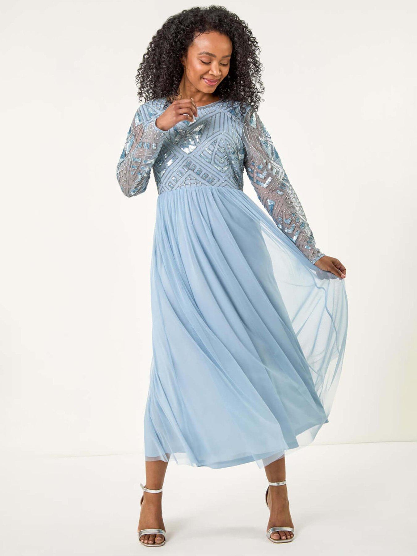 undefined Petite Embellished Mesh Dress - Blue