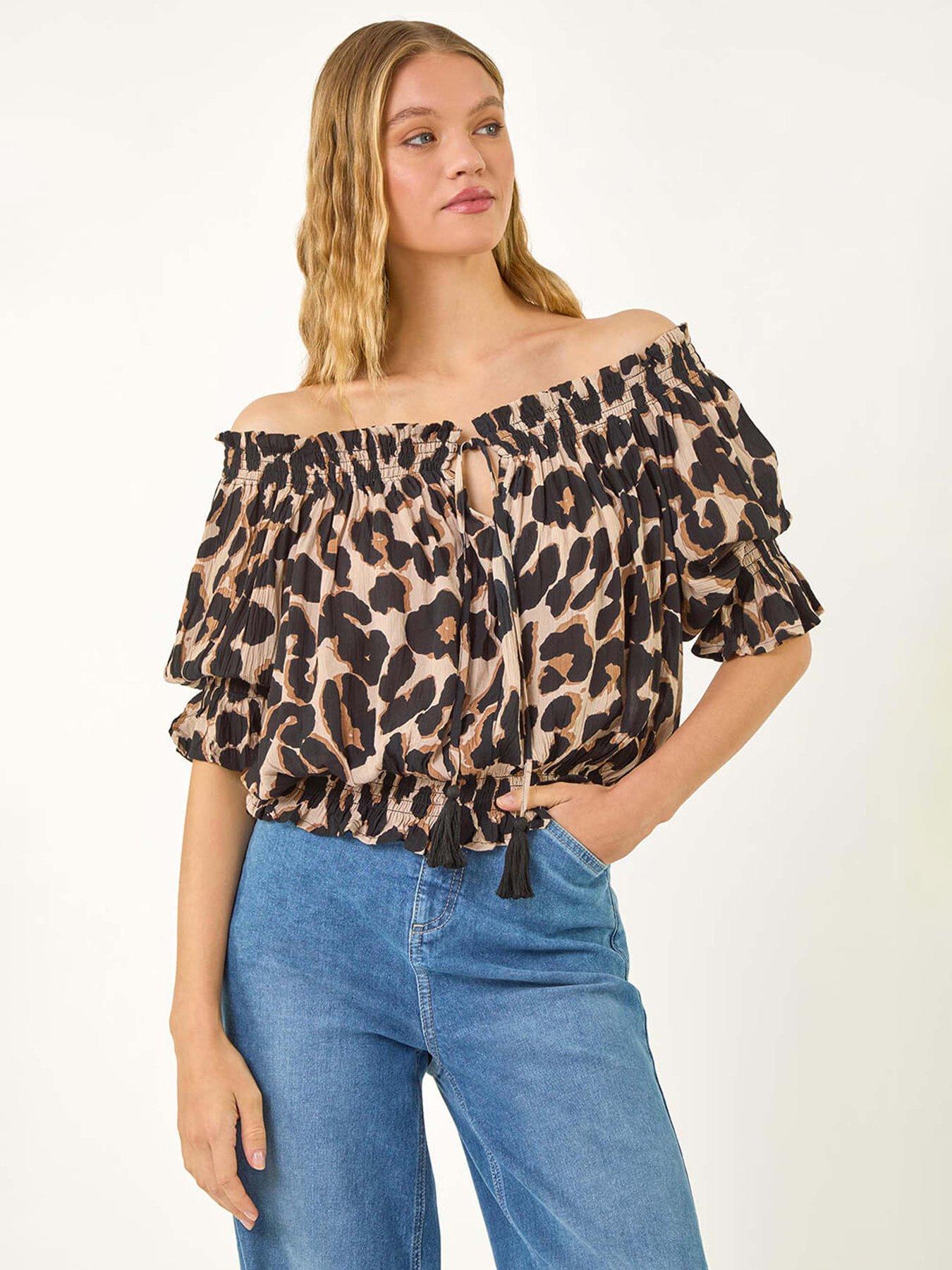 undefined Animal Print Key Hole Blouse - Natural