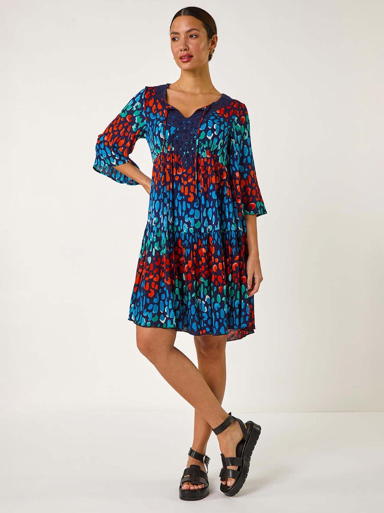 undefined Abstract Spot Print Lace Trim Dress - Navy