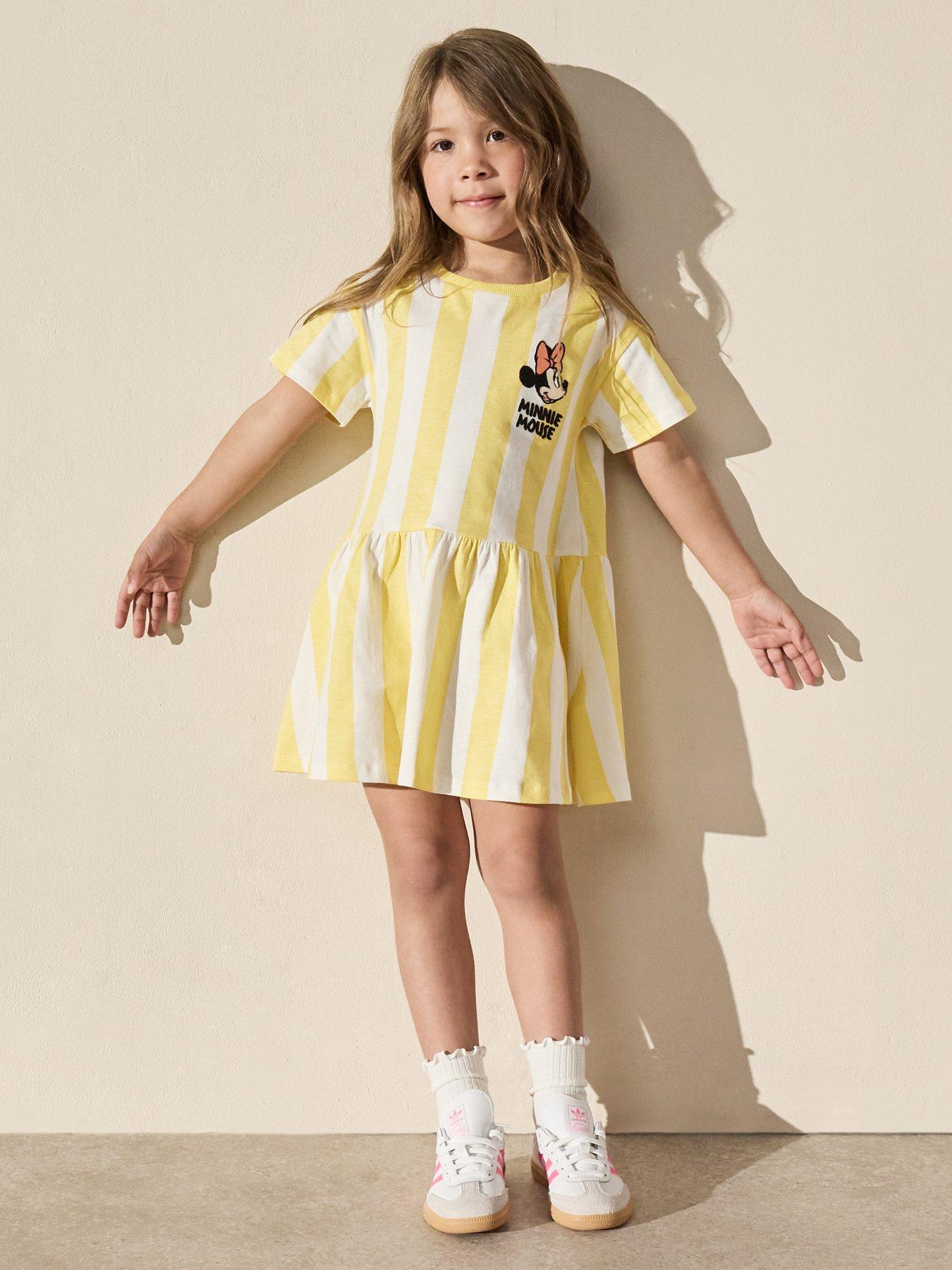 The Very Collection Minnie Mouse Short Sleeve Stripe Drop Hem Dress - Yellow