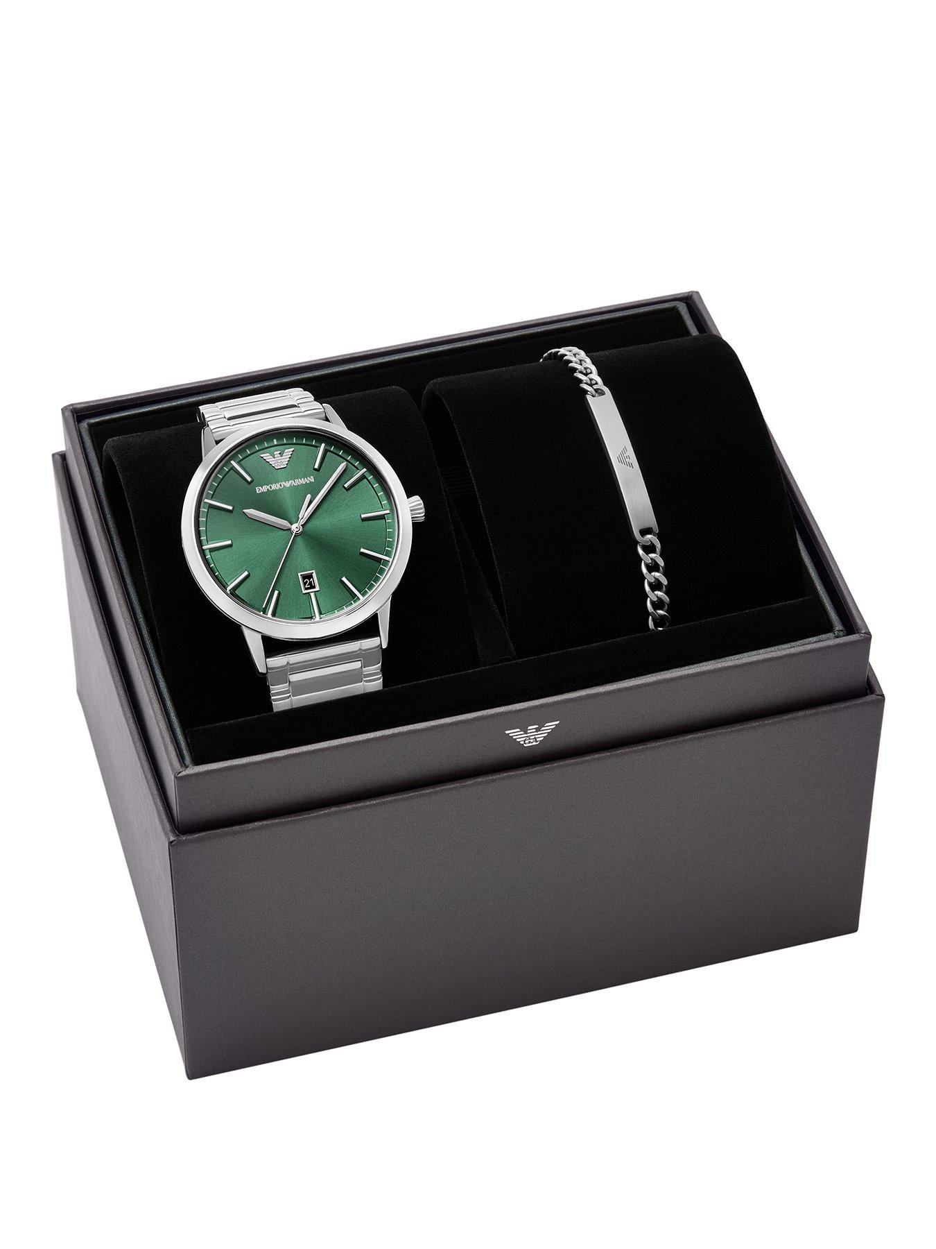 Emporio Armani Three-Hand Stainless Steel Watch and Bracelet Set