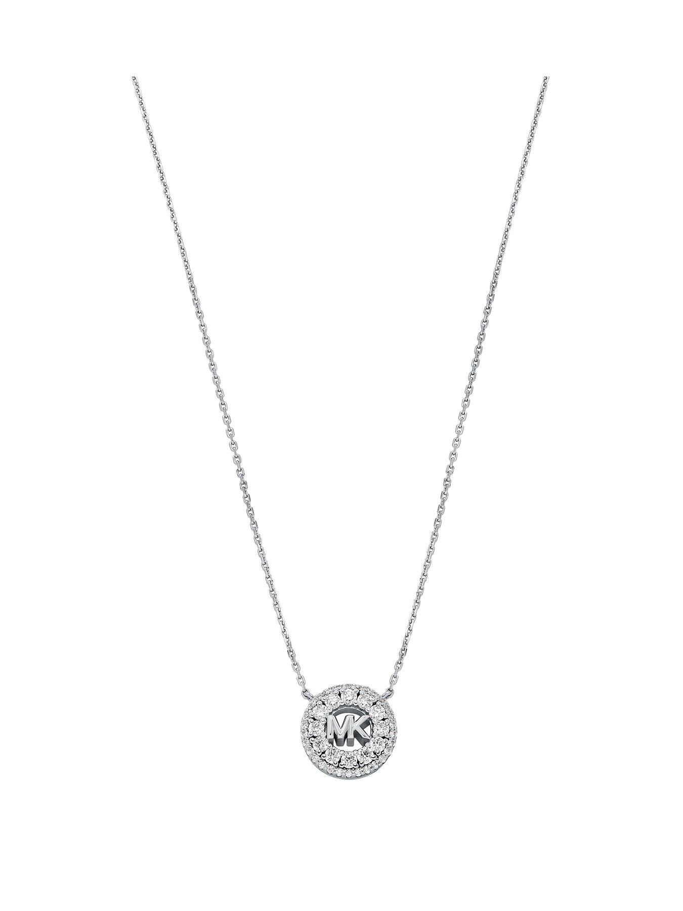 Michael Kors Rhodium-Plated Sterling Silver Pavé Logo Pendant Necklace
