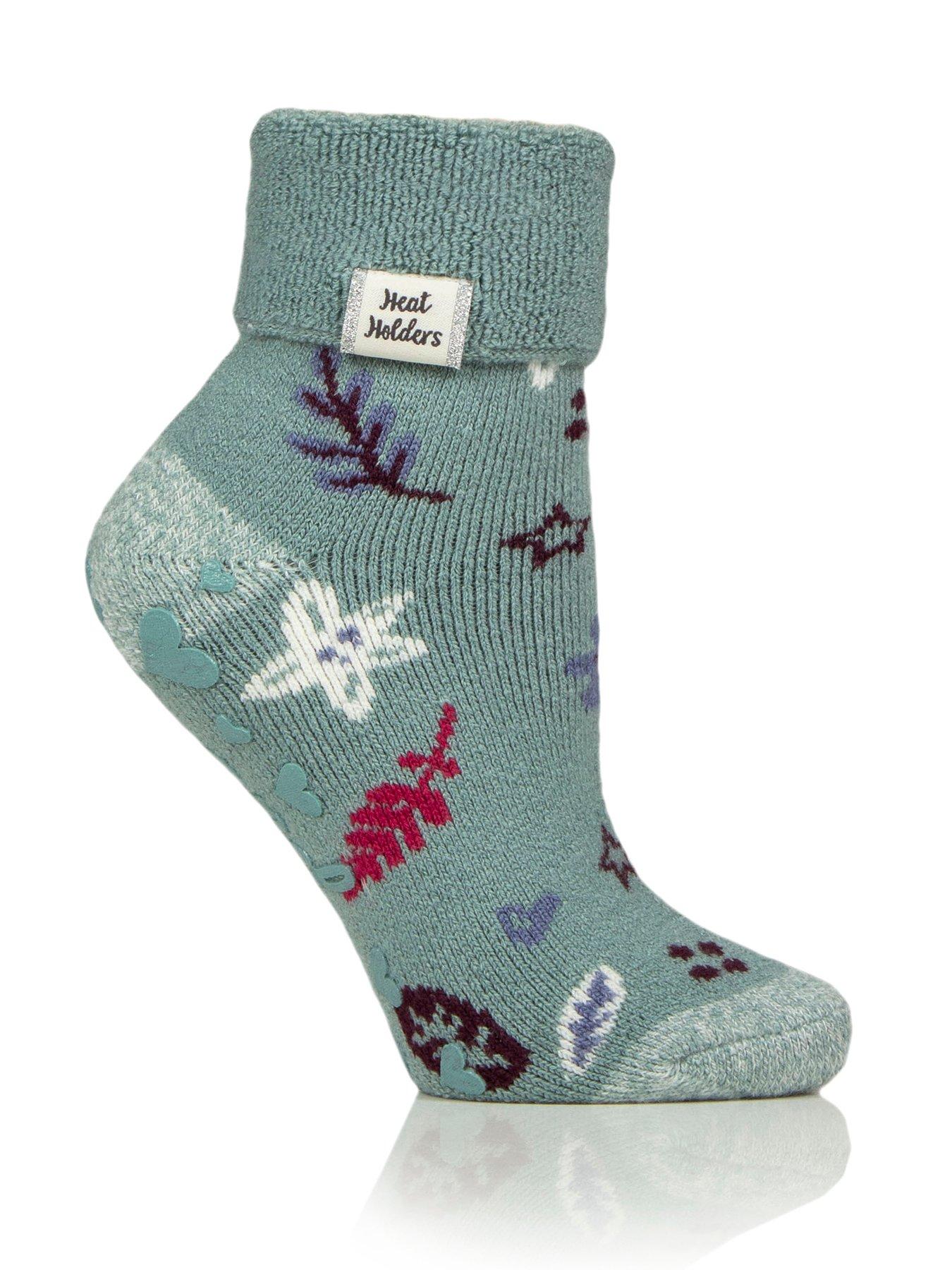 Heat Holders Iona Terry Turn Over Cuff Lite Winter Blooms Cosy Socks - Mint Multi - Green