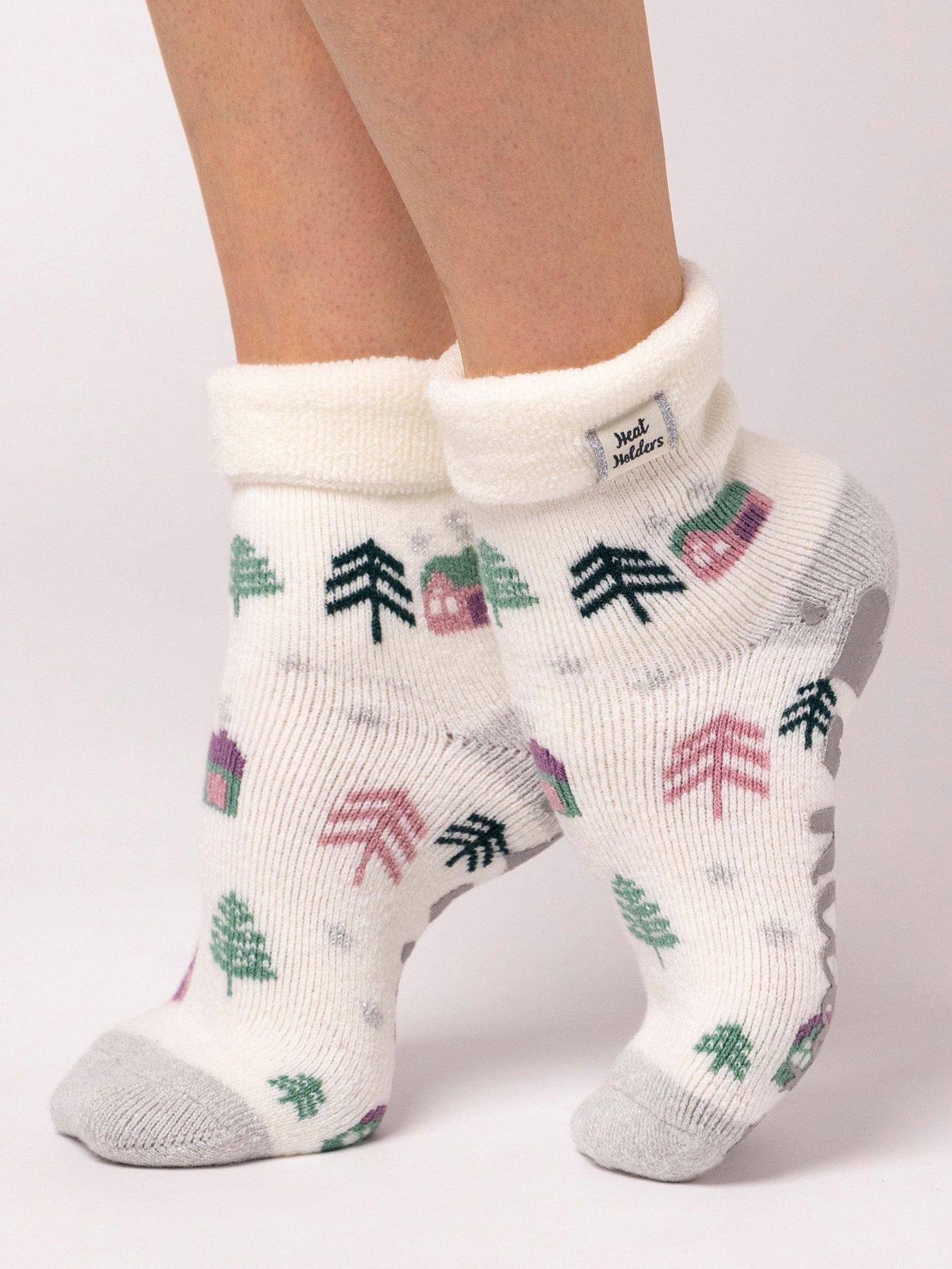 Heat Holders Terry Turn Over Cuff Lite Cosy Cabin Socks - White