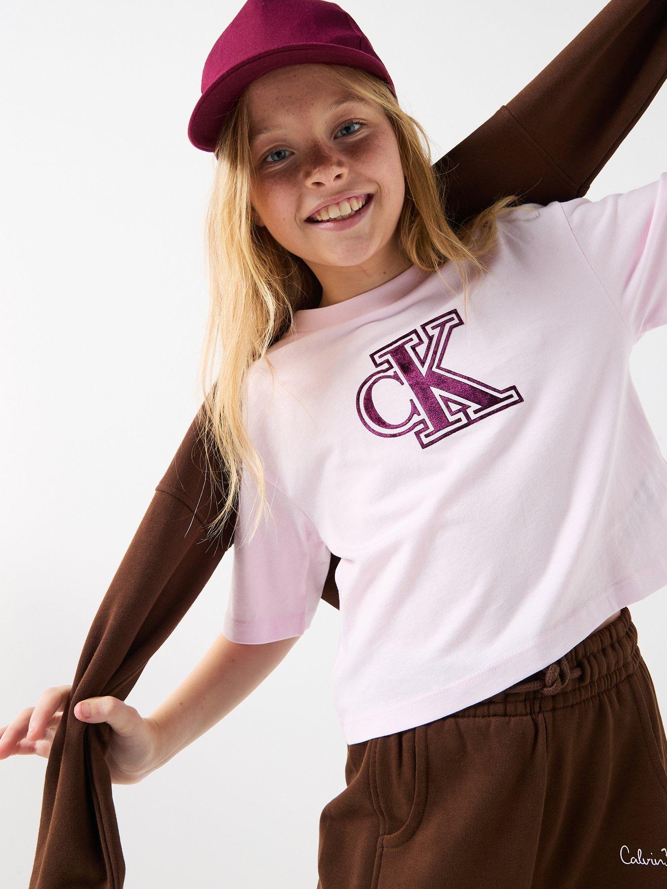 Calvin Klein Jeans Girls Velvet Monogram Boxy Short Sleeve T-Shirt, Pink, Size Age: 8 Years