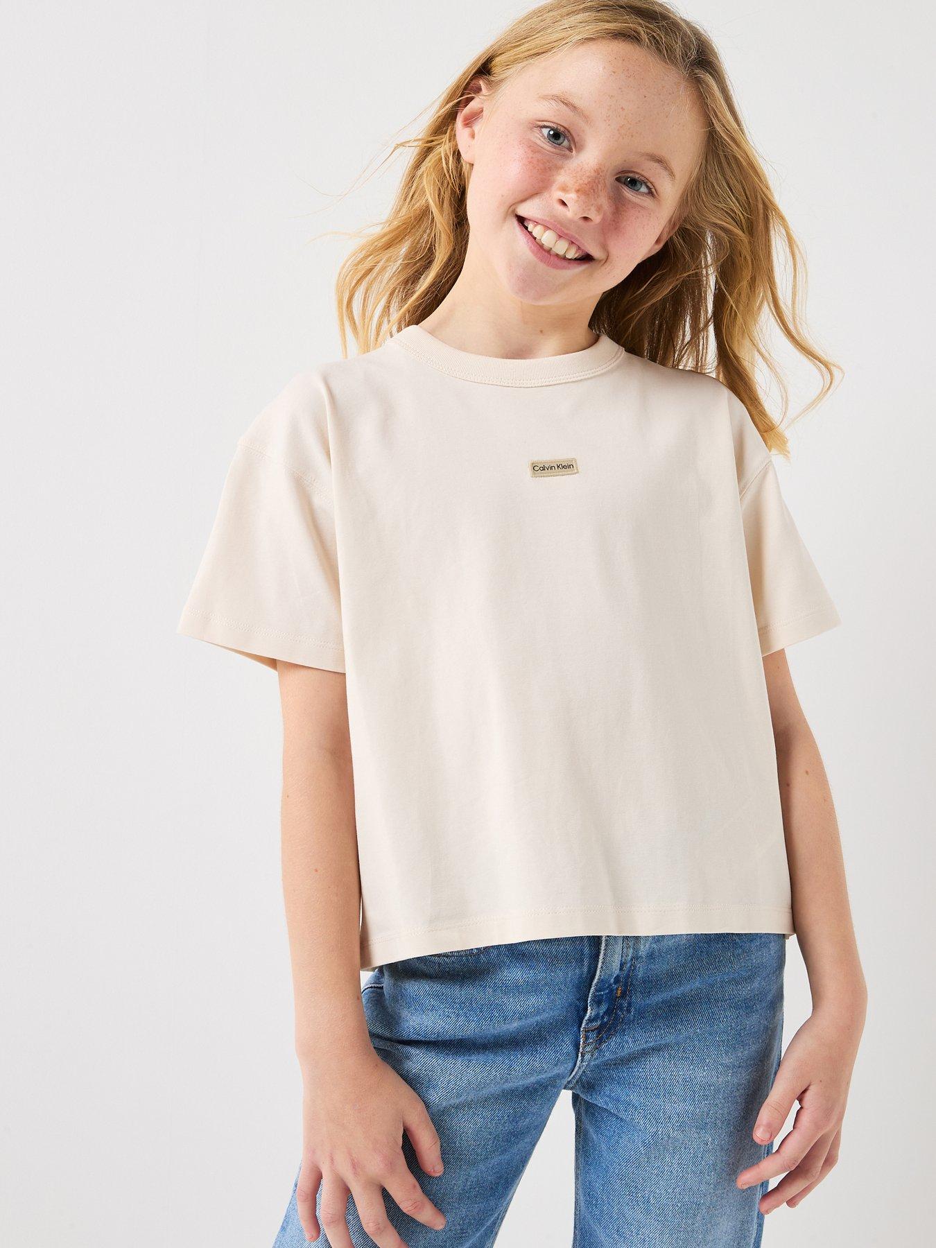 Calvin Klein Jeans Girls Folded Logo Label Short Sleeve T-Shirt - Cream