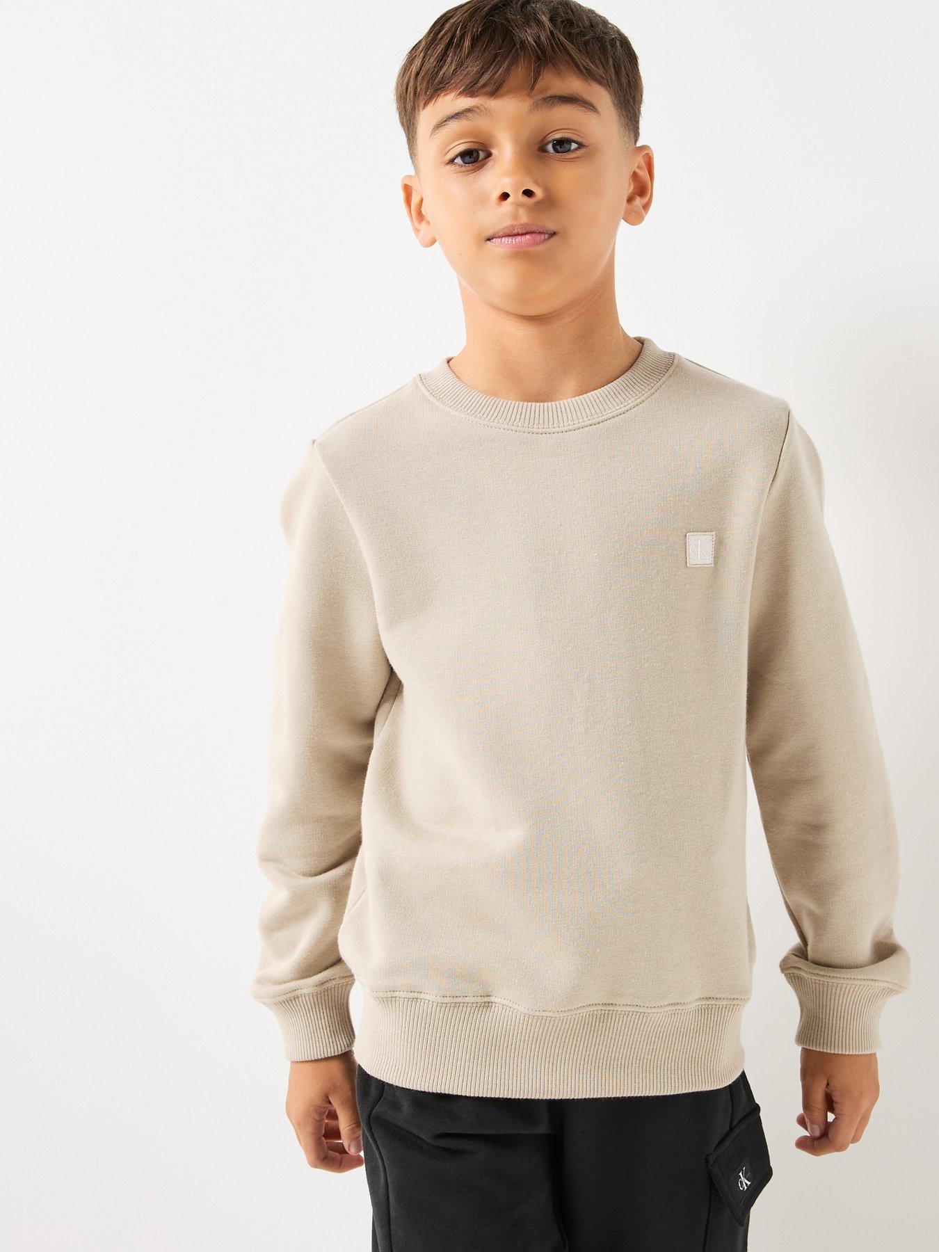 Calvin Klein Jeans Boys Mono Mini Badge Crew Neck Sweatshirt, Beige, Size 14 Years