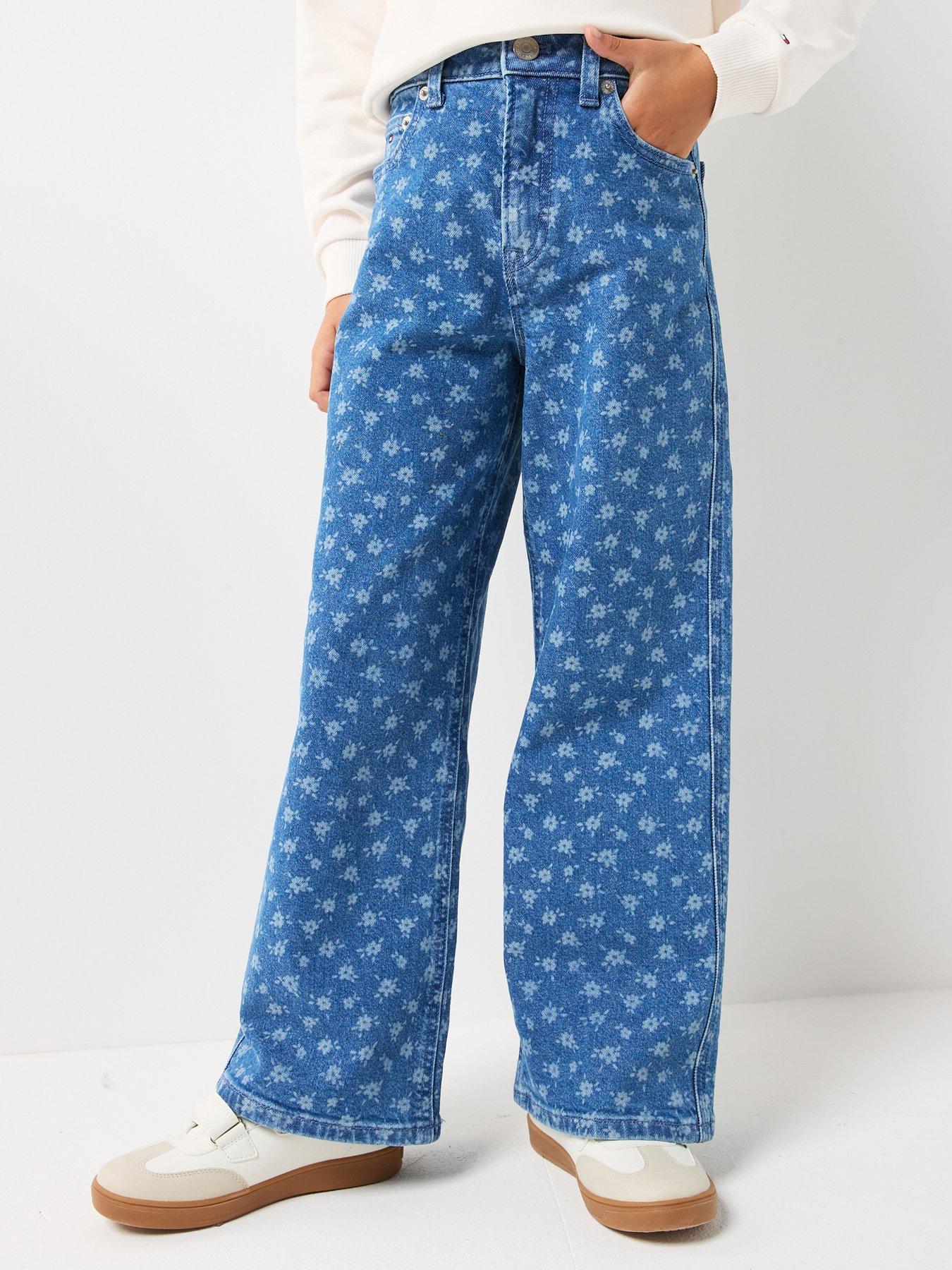 Tommy Hilfiger Girls Mabel Wide Leg Floral Print Jeans, Blue, Size Age: 6 Years