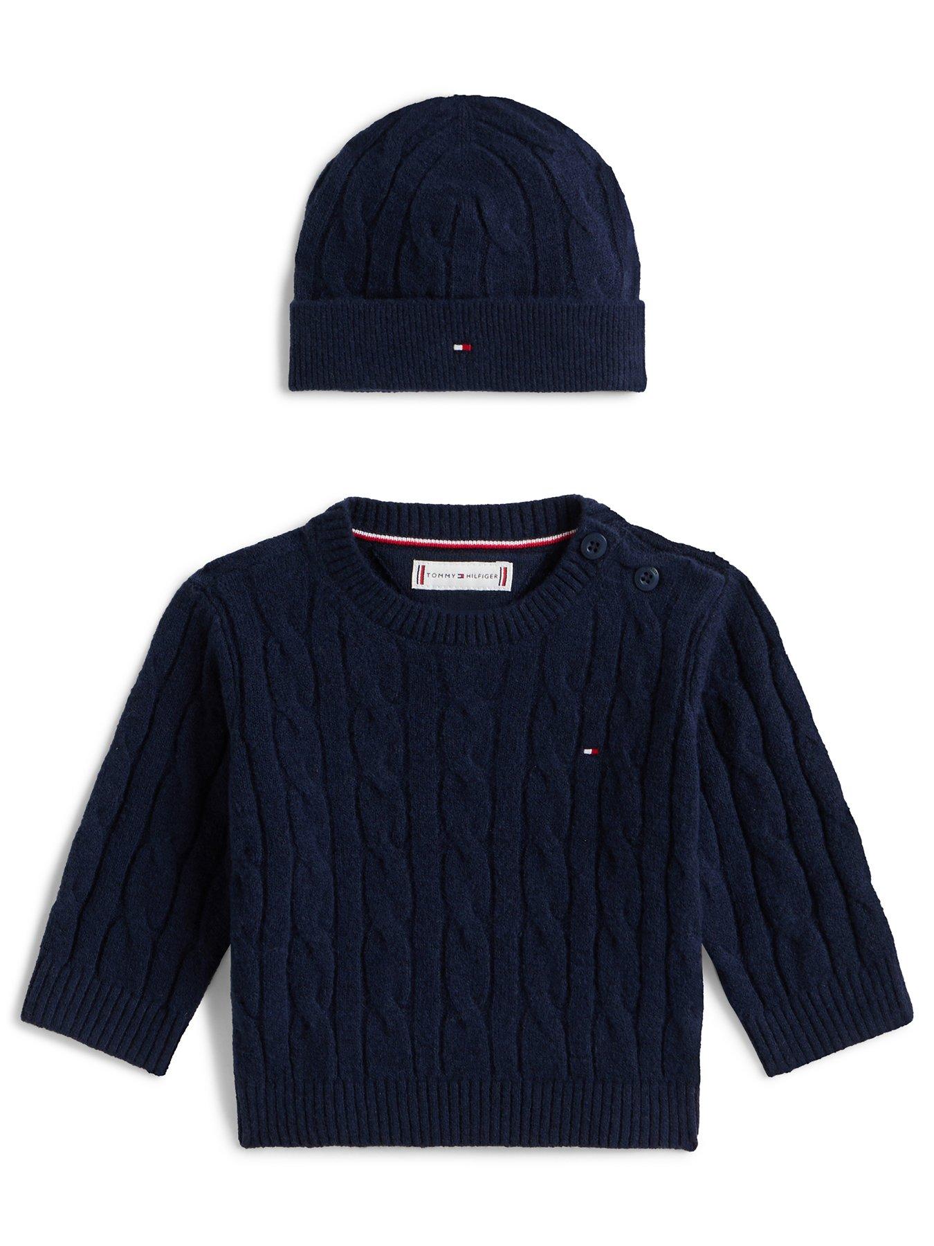Tommy Hilfiger Baby Cable Crew Neck Jumper And Beanie Hat Set - Navy