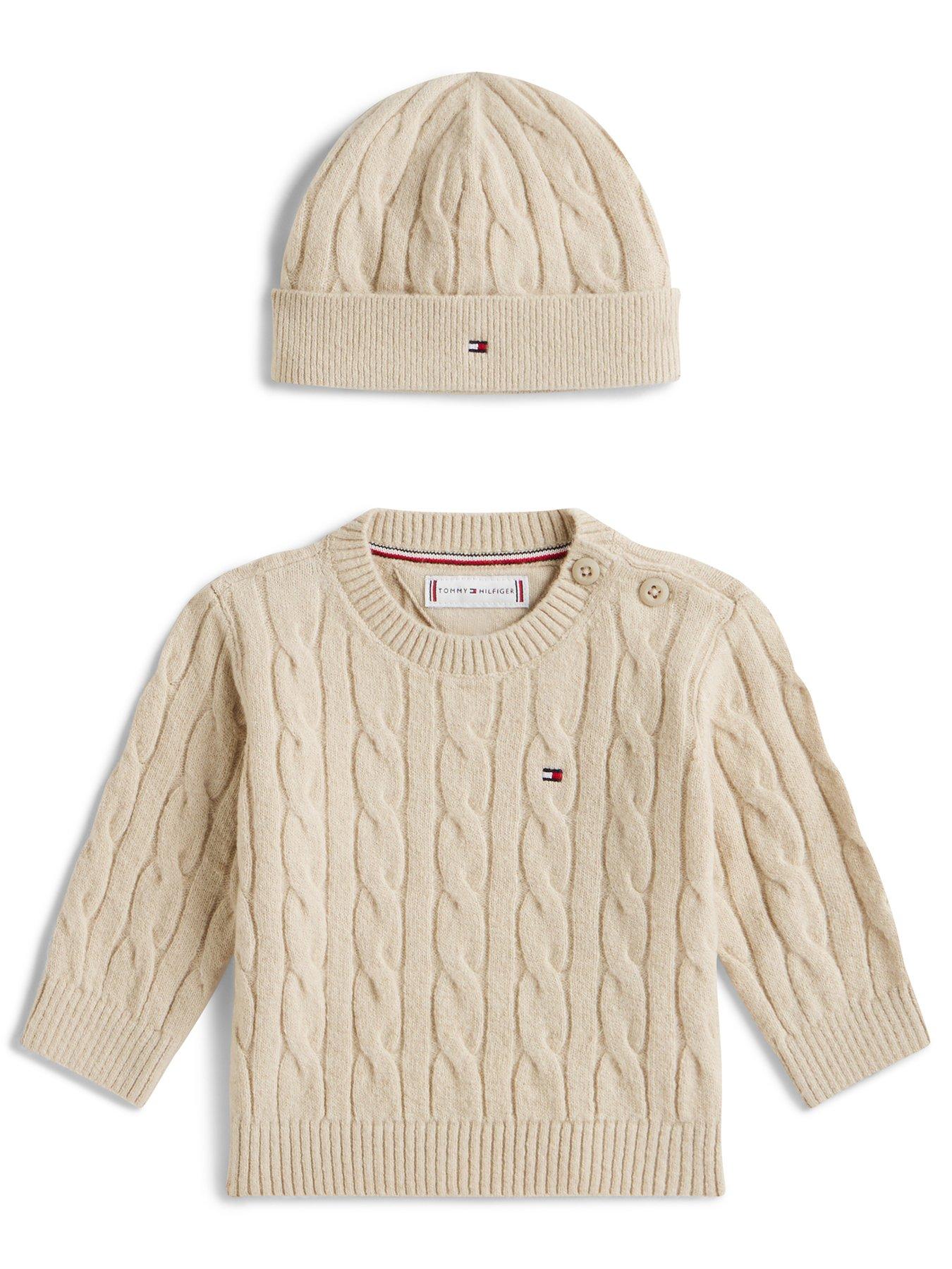 Tommy Hilfiger Baby Cable Crew Neck Jumper And Beanie Hat Set - Beige