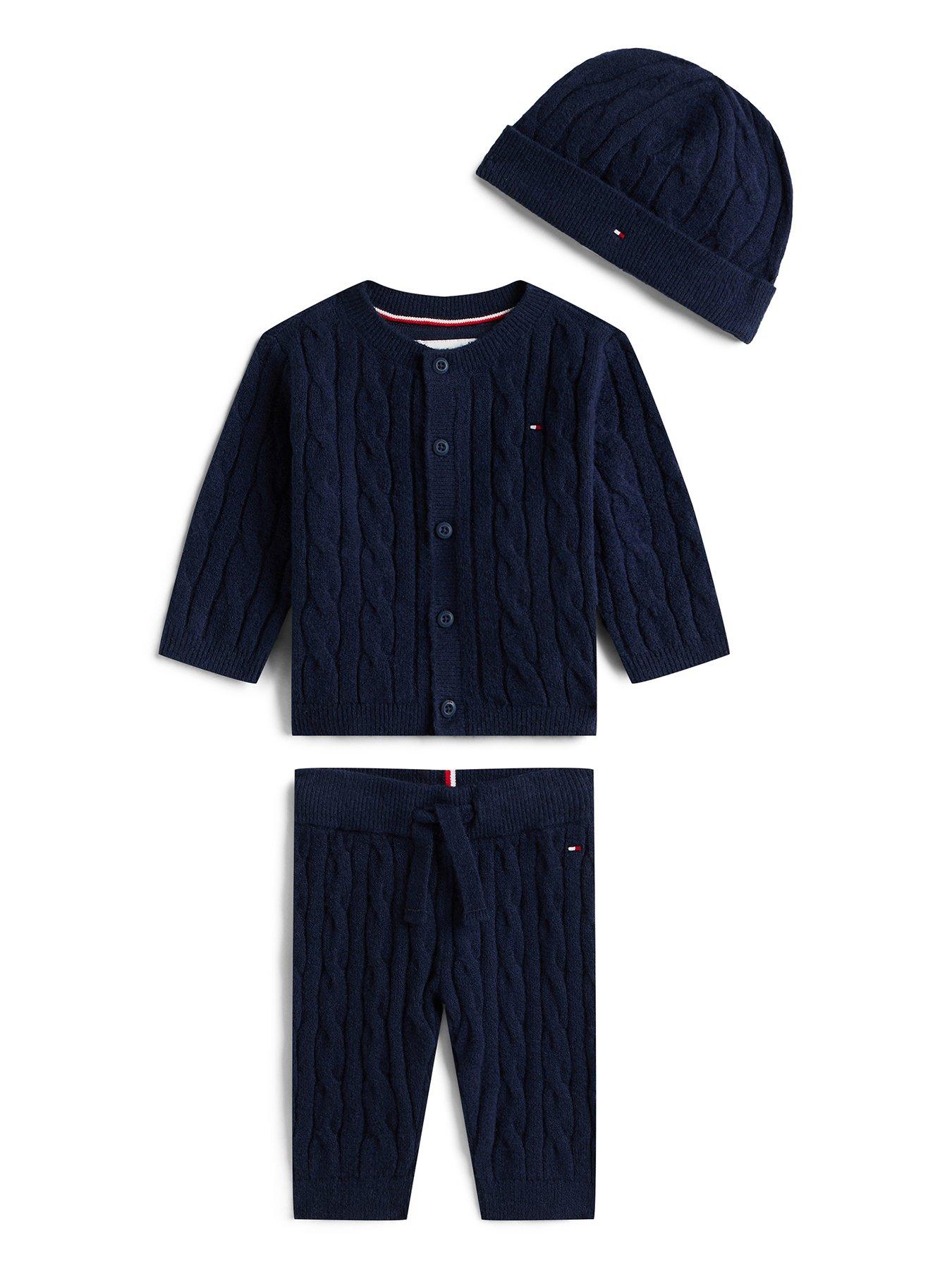 Tommy Hilfiger Baby Boys Cable Top And Pant Set With Beanie - Navy