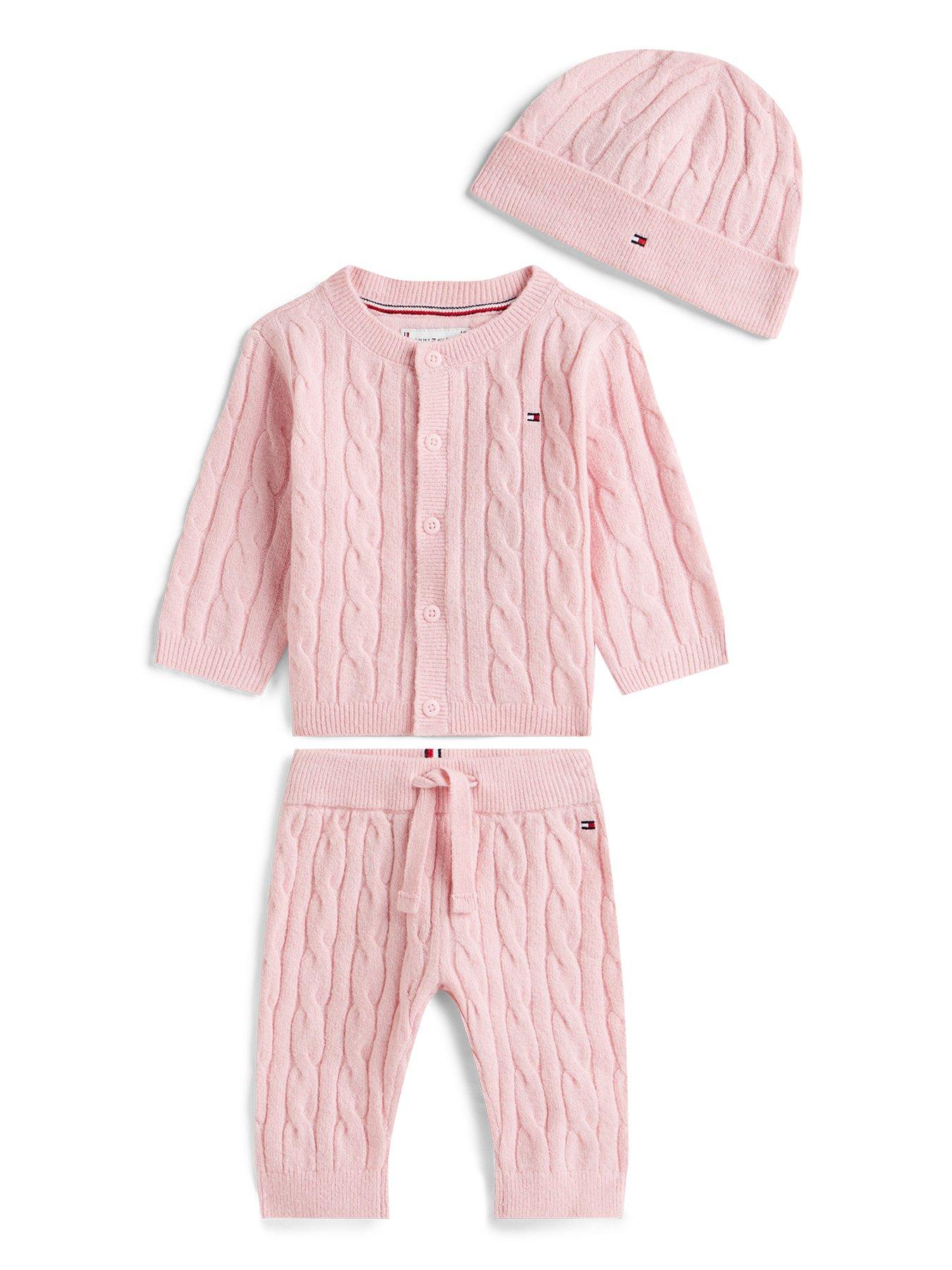 Tommy Hilfiger Baby Girls Cable Cardigan And Trousers Set With Beanie - Pink