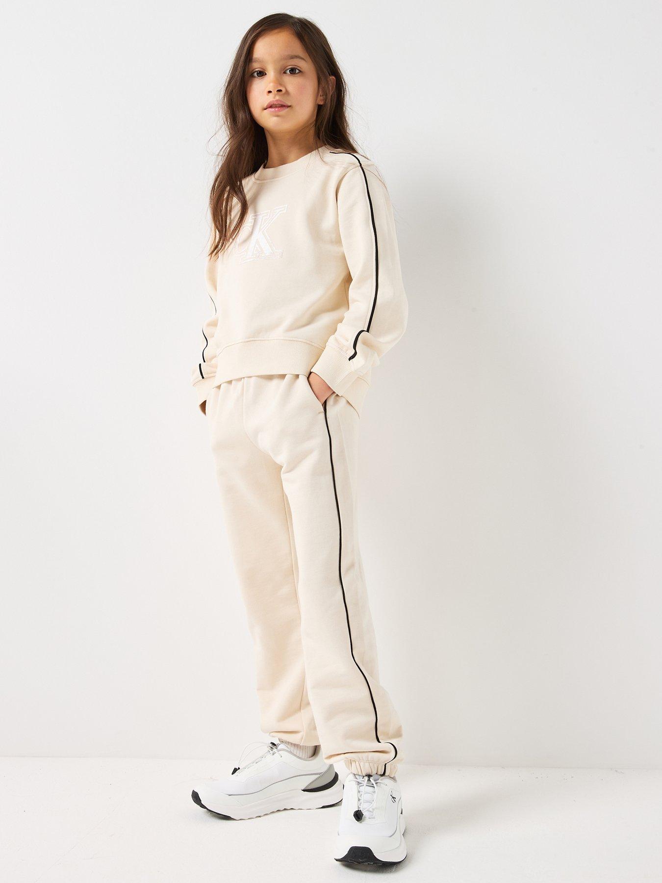 Calvin Klein Jeans Girls Piping Sweatshirt And Jogger Set, Cream, Size Age: 16 Years