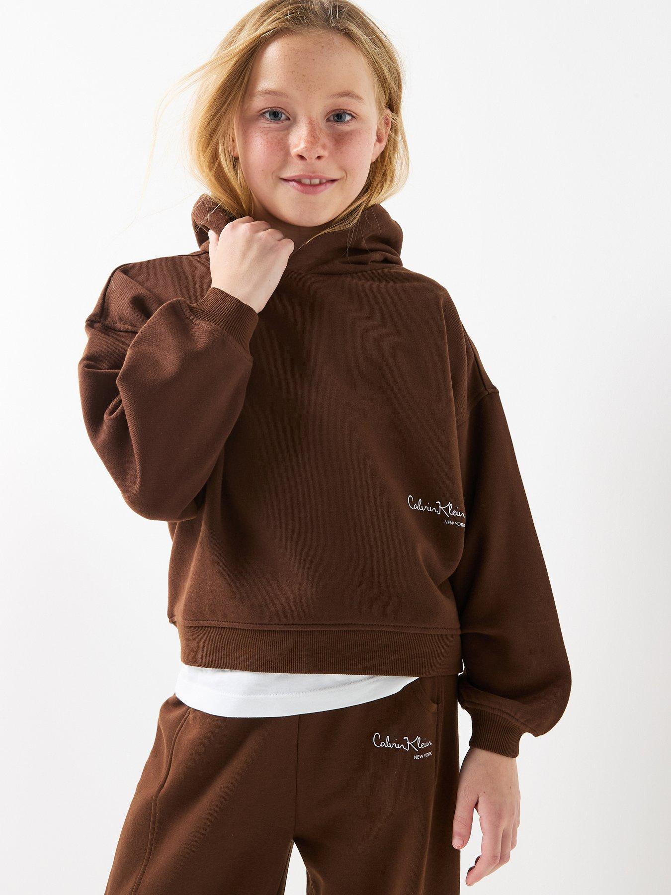 Calvin Klein Jeans Girls Signature Hoodie, Brown, Size Age: 16 Years
